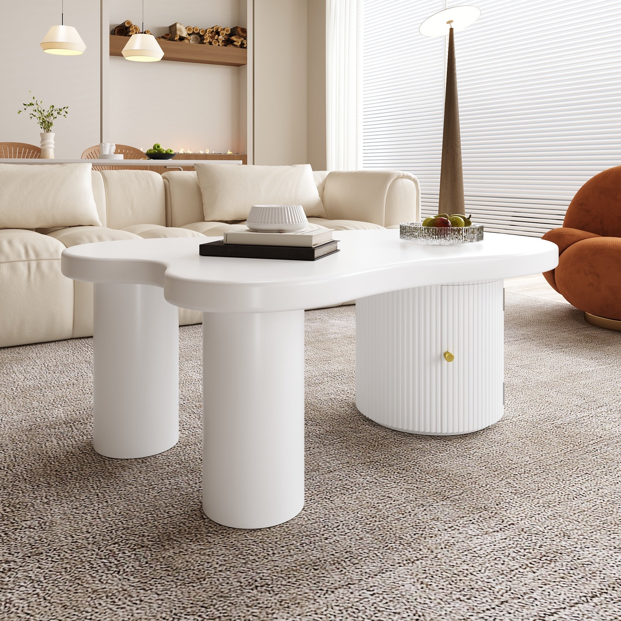 Asymmetrical Coffee Table, Stylish Sturdy with Storage, White