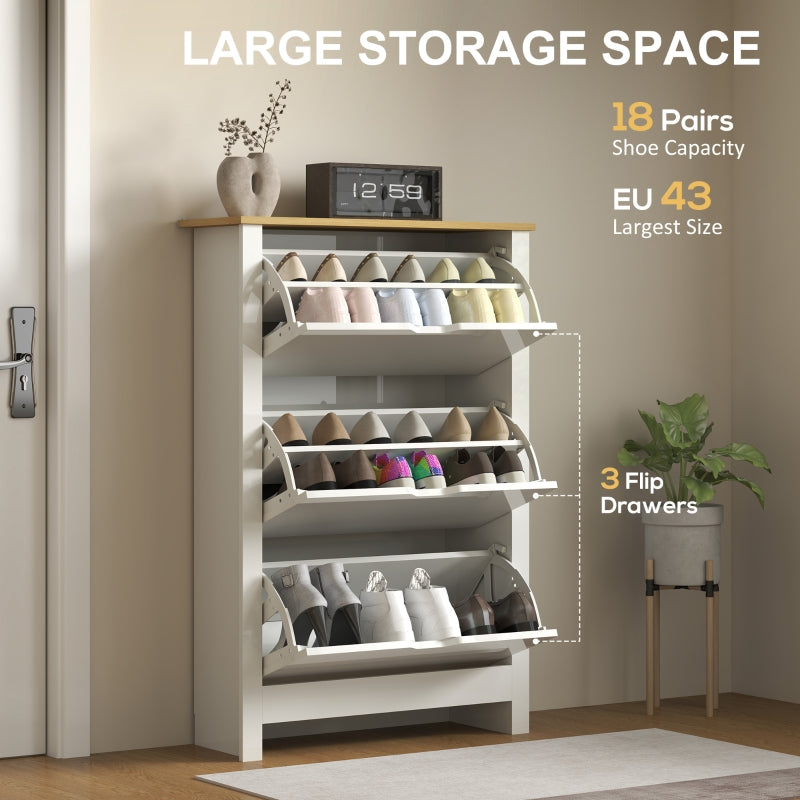Slim Shoe Cabinet with 3 Flip Drawers and Adjustable Shelves for 18 Pairs, High Gloss White