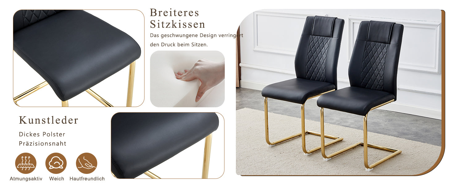 Scandinavian Dining Chairs Set of 4 Mesh Back Gold Metal Legs - Black PU Leather