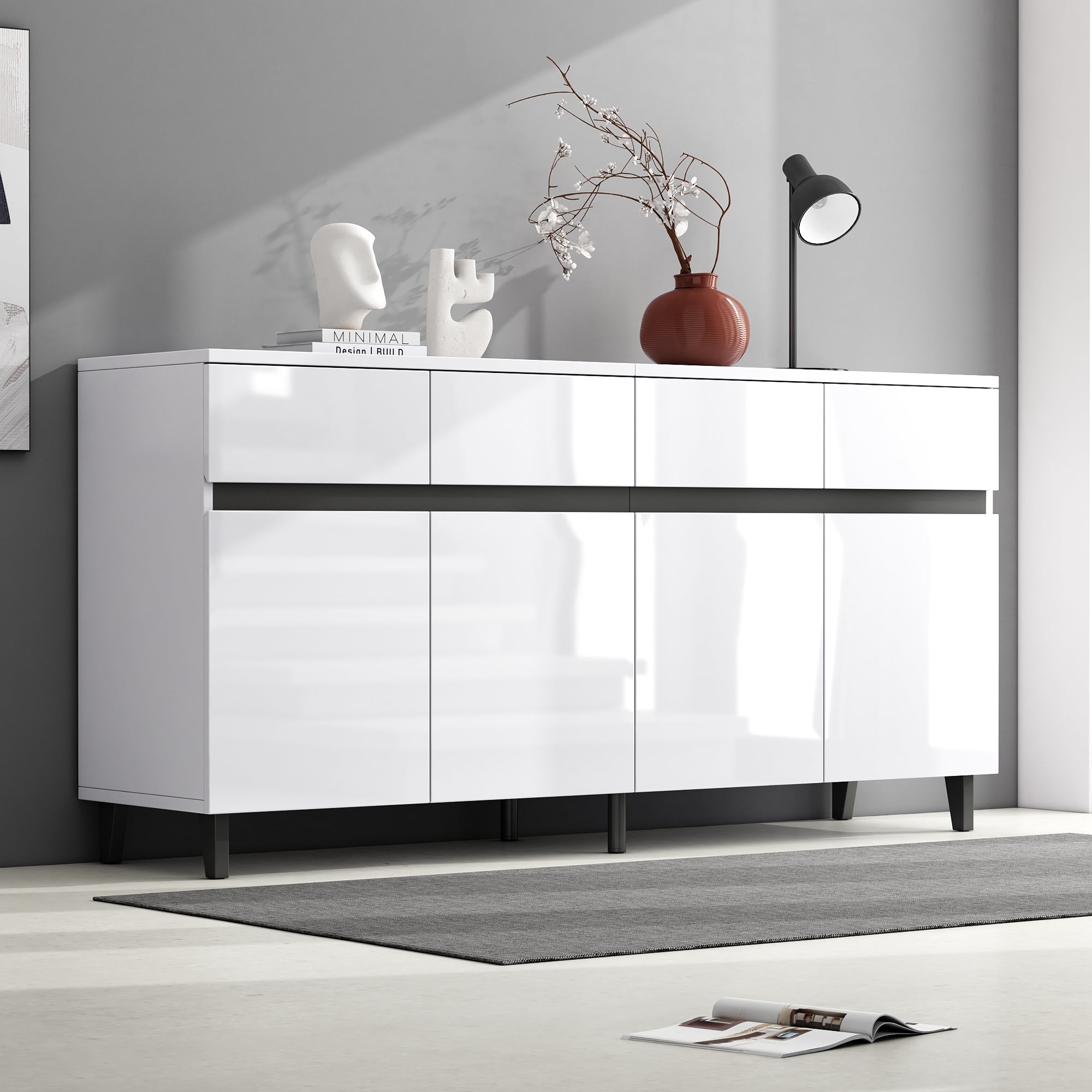 Storage Cabinet Buffet, 4 Doors 4 Drawers Adjustable Shelves, White