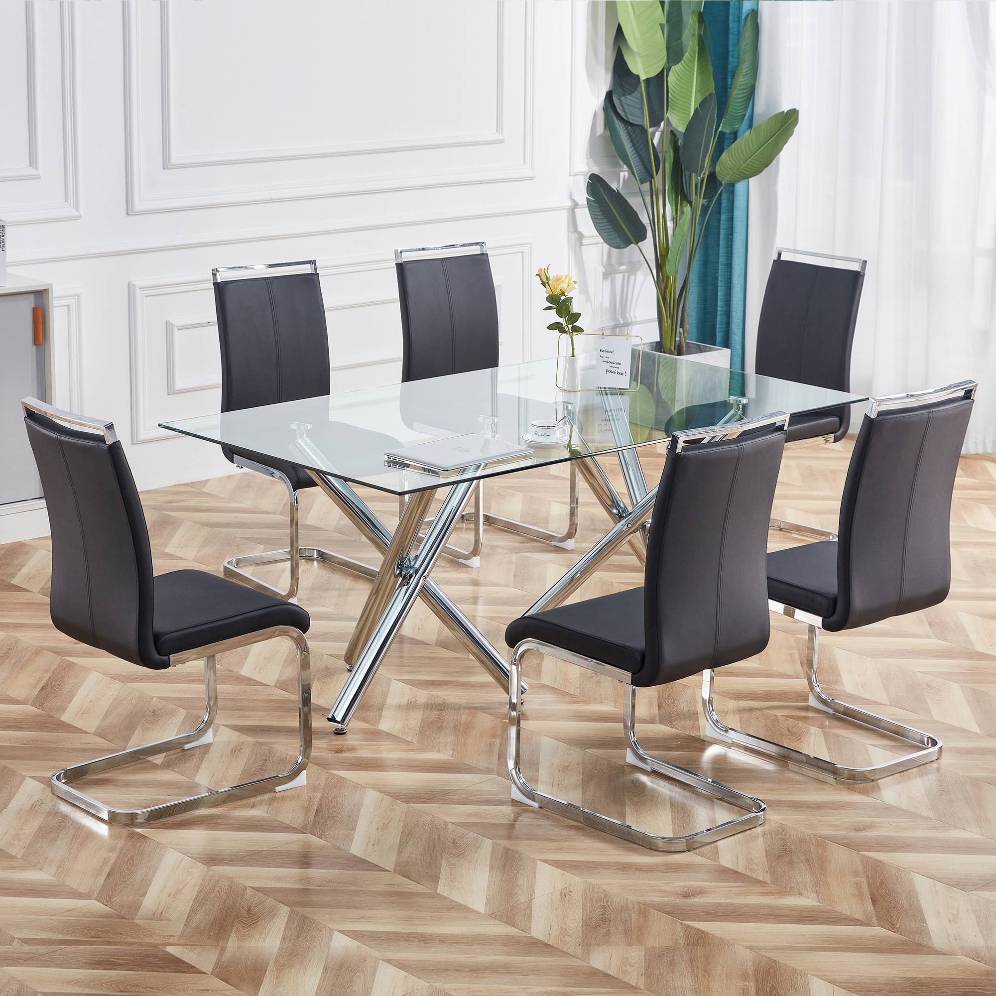 Cantilever Chair, Chrome-plated Metal Frame, Black Imitation Leather (Set, 4 Pieces)