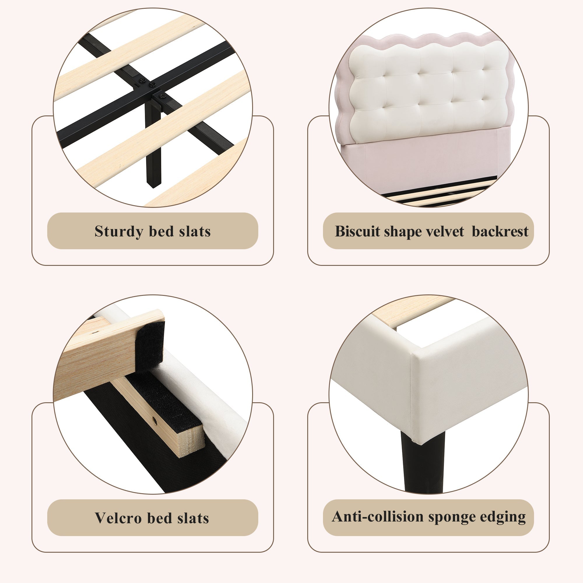 Upholstered Bed, Children's 3ft Single Biscuit Velvet Backrest, Beige+Pink