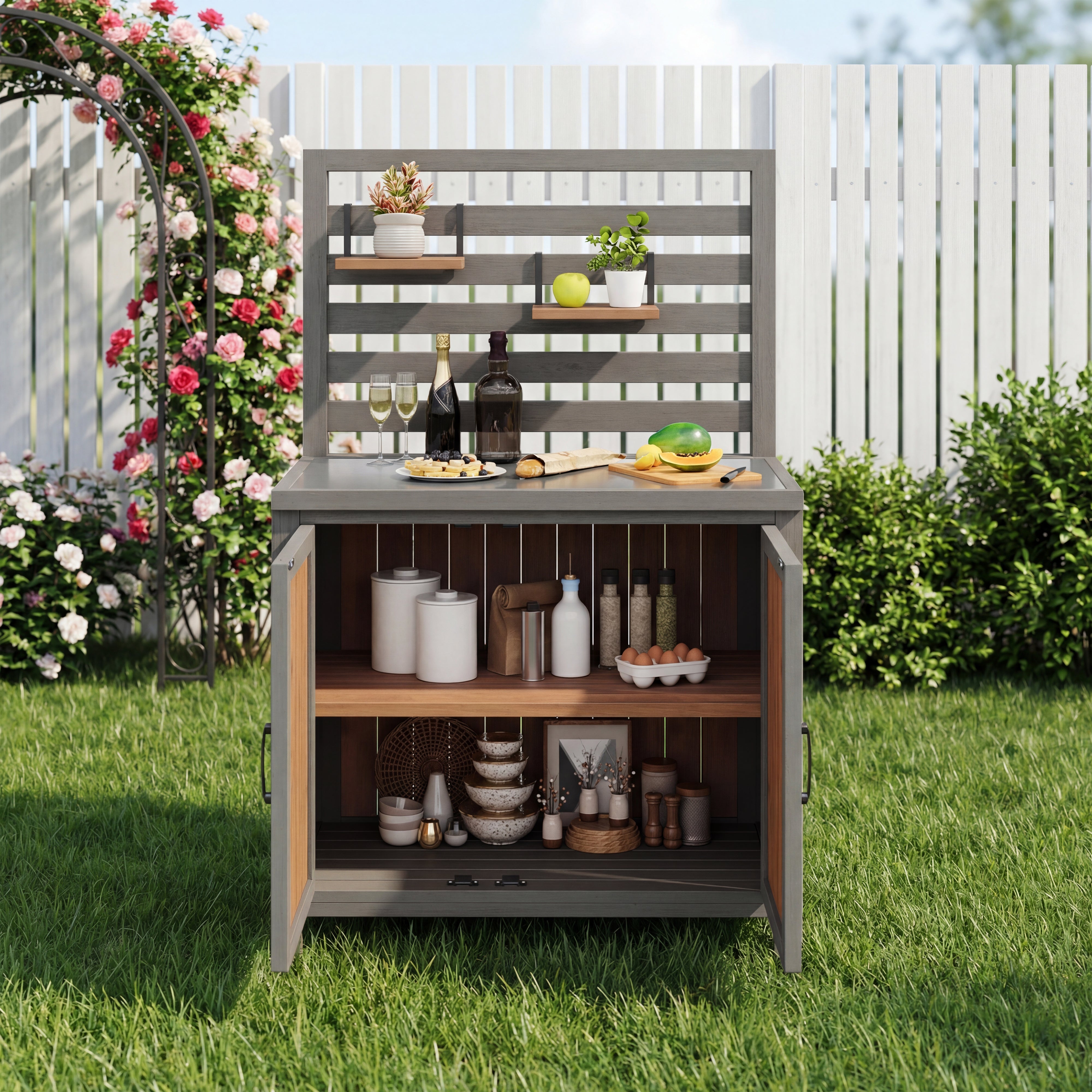 Weatherproof Garden Cabinet with Stainless Steel Worktop and Adjustable Shelves, Wooden