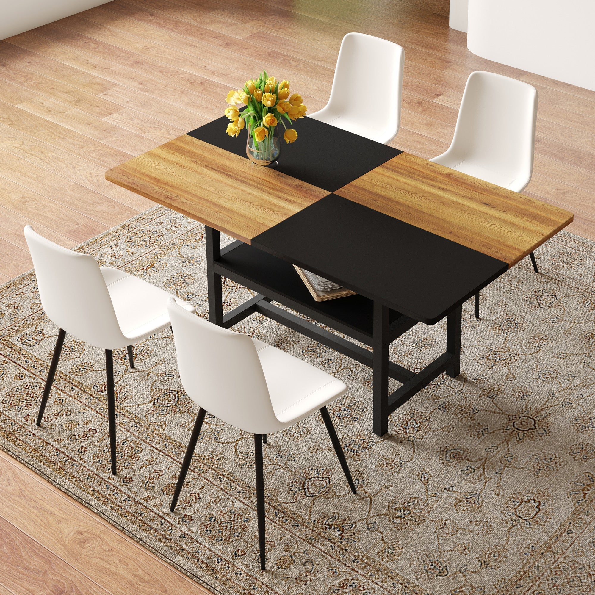 Dining Table Set 160cm Rectangular Storage 4 Chairs - White PU