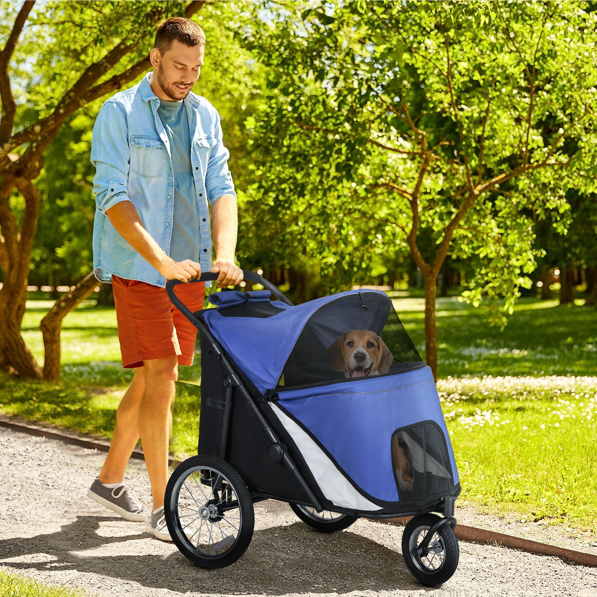 Dog Cart Foldable, Mesh Window, Large Wheels, Oxford Blue