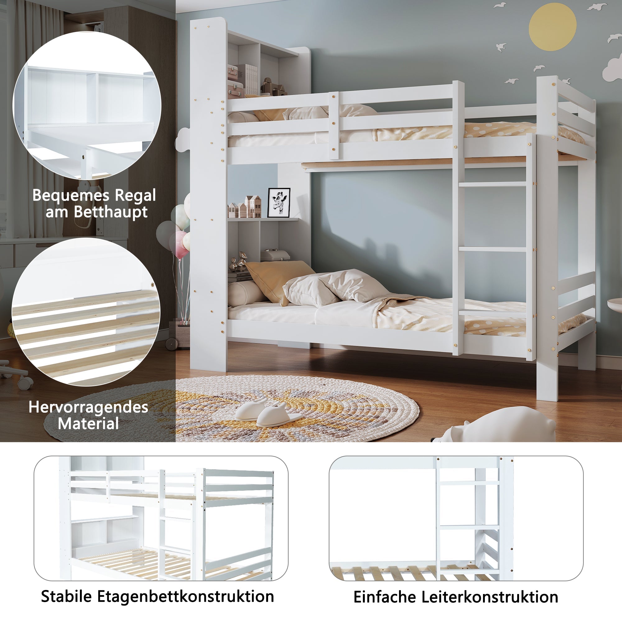 Bunk Bed with Shelves, Ladder & Storage, Solid Wood, White