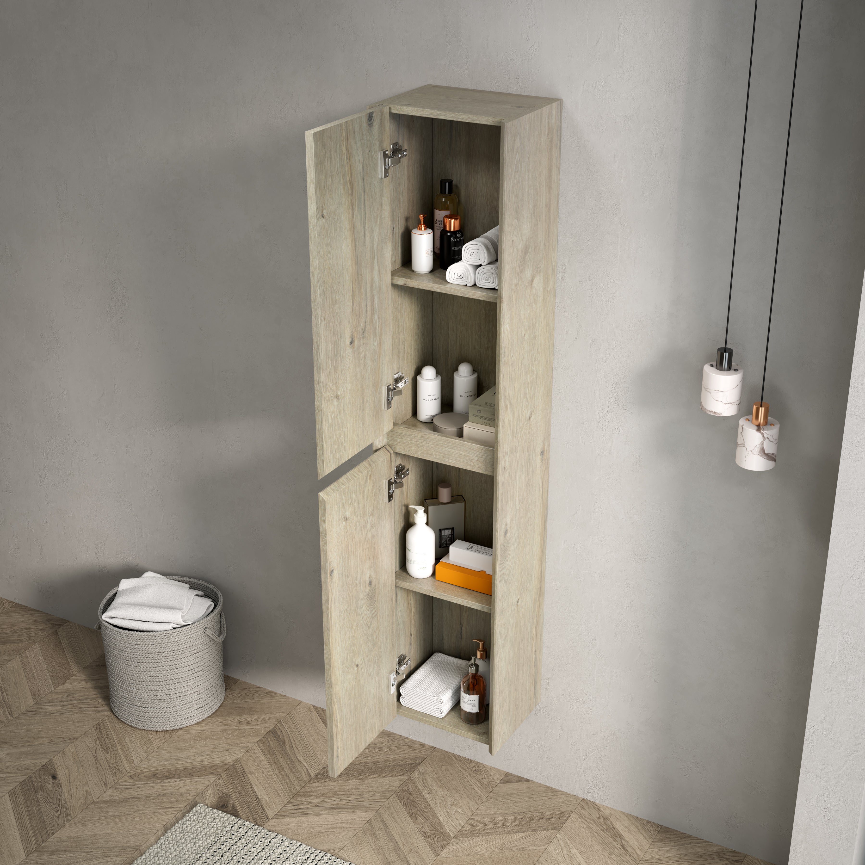 DACI 140cm Tall Bathroom Wall Cabinet with 2 Doors & Shelves, Slim Storage for Small Spaces, Oak Cream Wood Grain