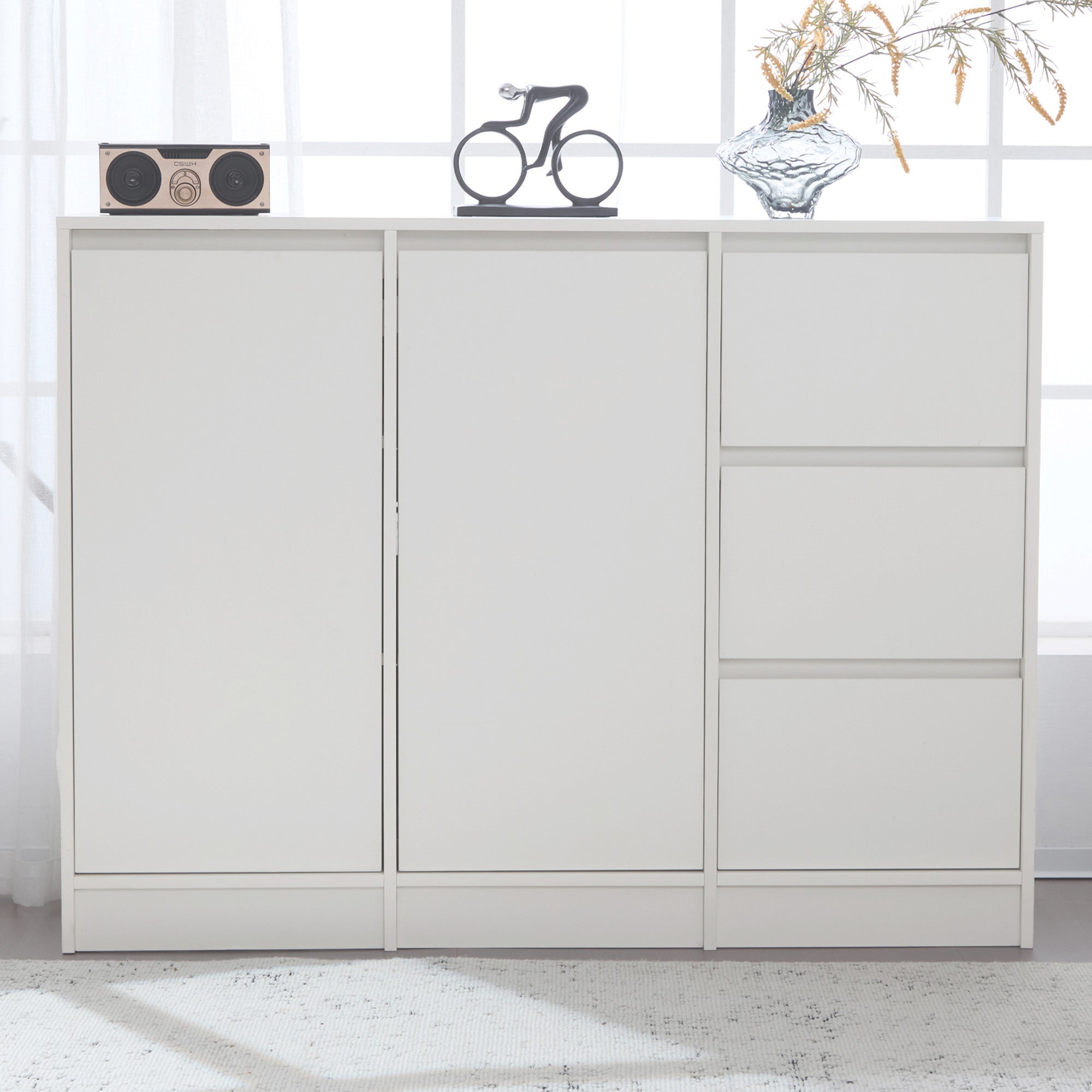 Modern Sideboard Chest of Drawers Shoe Cabinet with Storage, Two Doors, Three Drawers, Adjustable Shelf, White