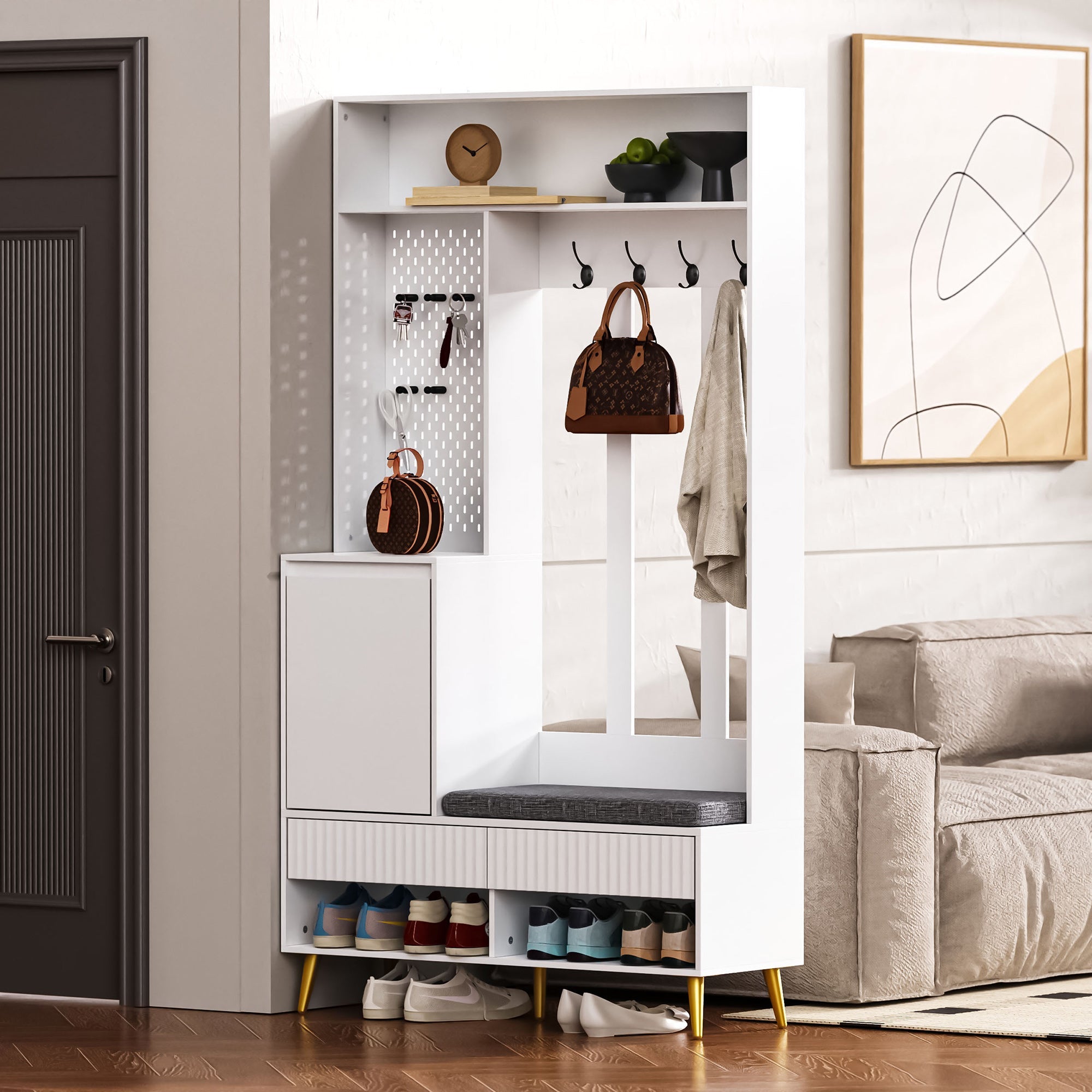 Wardrobe set, hallway with shoe bench, 4 coat hooks, two drawers and 1 door, white