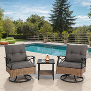 Outdoor Swivel Rocking Chair Set, 3 Pieces with 1 Table and 2 Chairs, 350lb Support, Brown Wicker