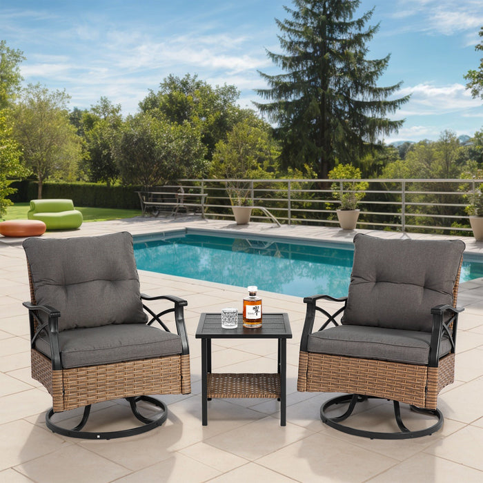 Outdoor Swivel Rocking Chair Set, 3 Pieces with 1 Table and 2 Chairs, 350lb Support, Brown Wicker