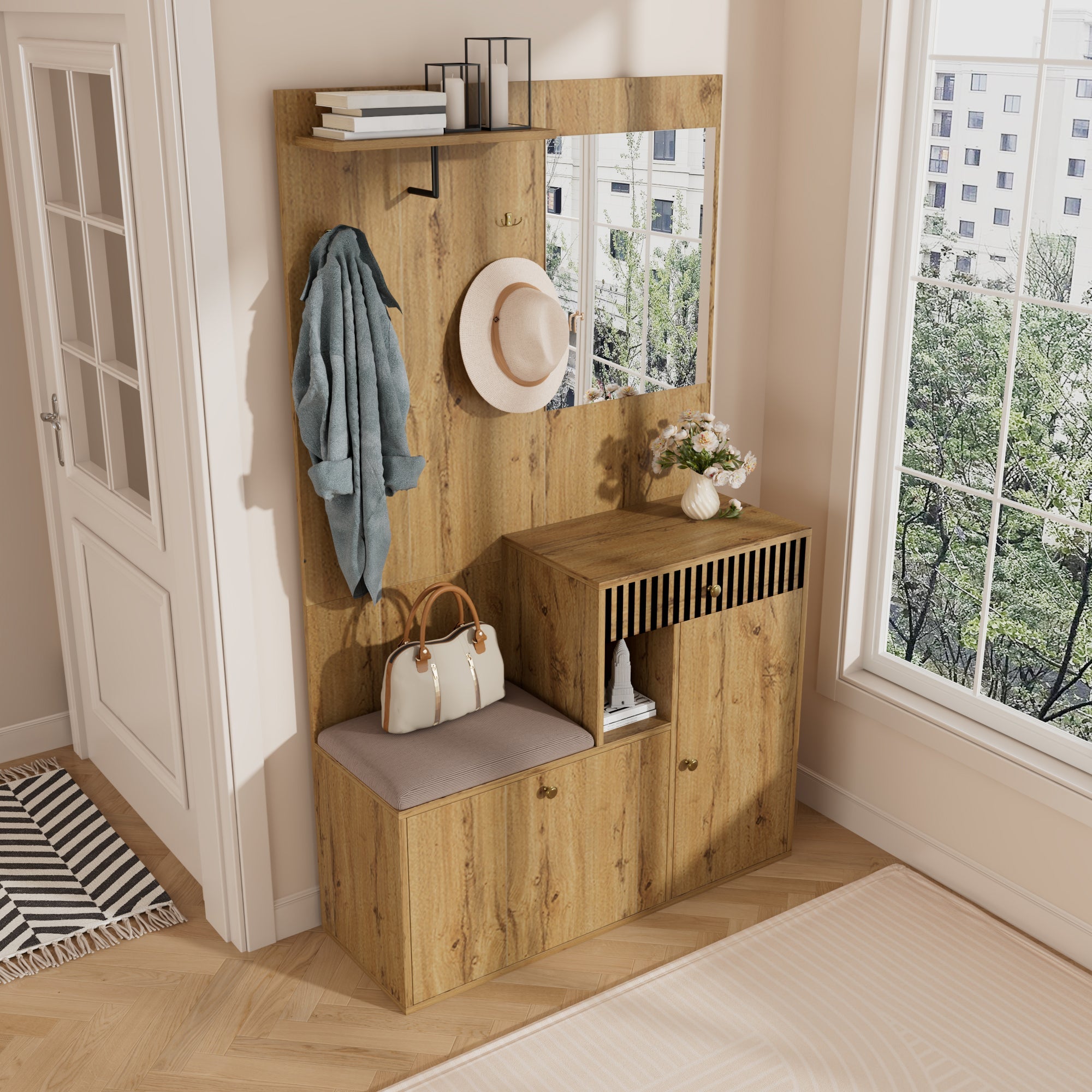 Wardrobe Set, Hallway Mirror Cushion Shoe Cabinet, 110x185.5x37cm