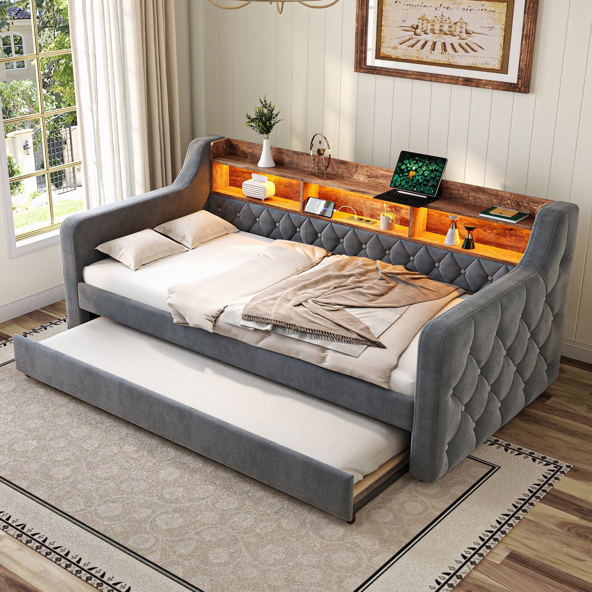 Space-saving Sofa Bed 90x190 cm with Storage, LED Ambiance & USB-C Port, Velvet Gray