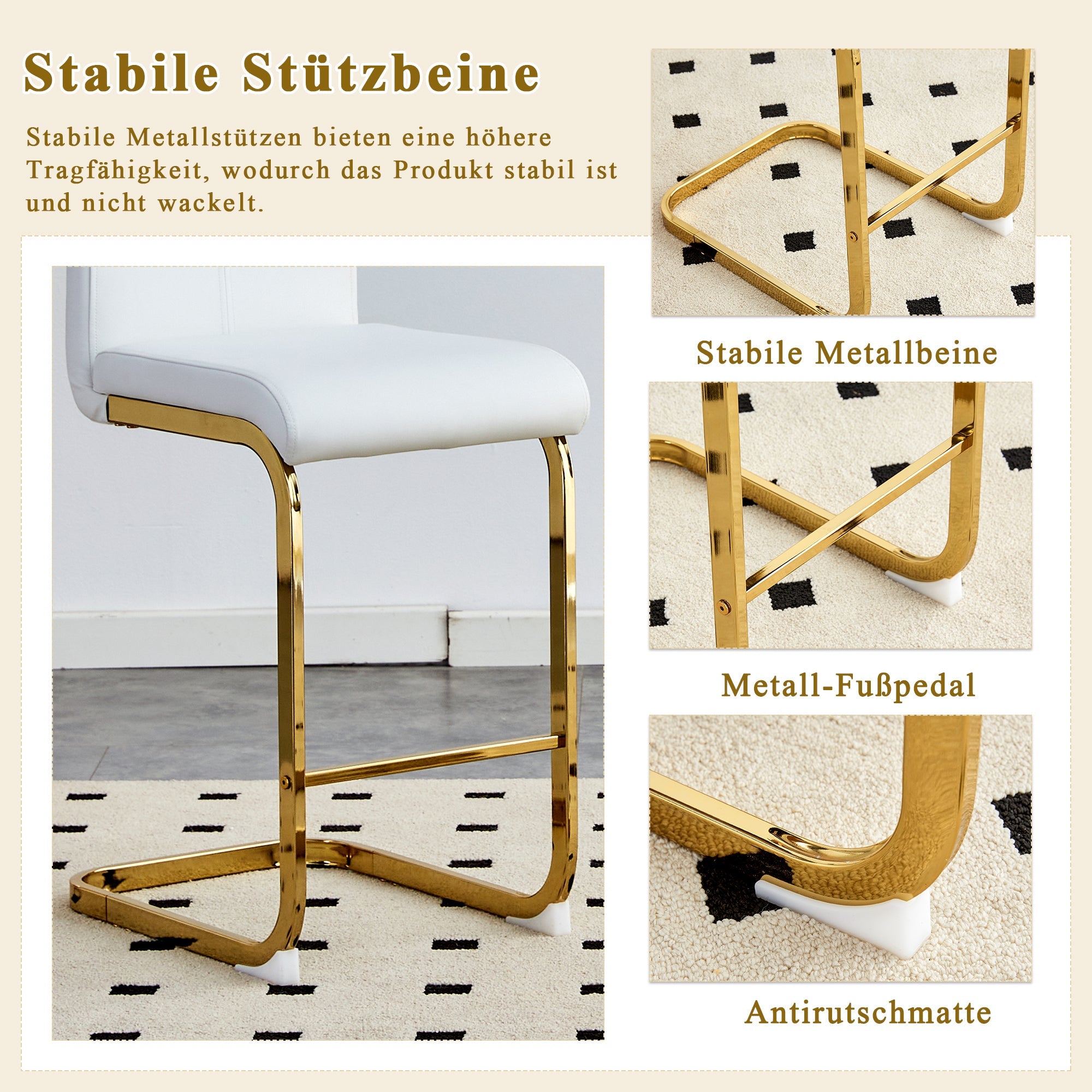 Bar Stools Set of 2 Nordic Style Gold Metal Legs - White Faux Leather
