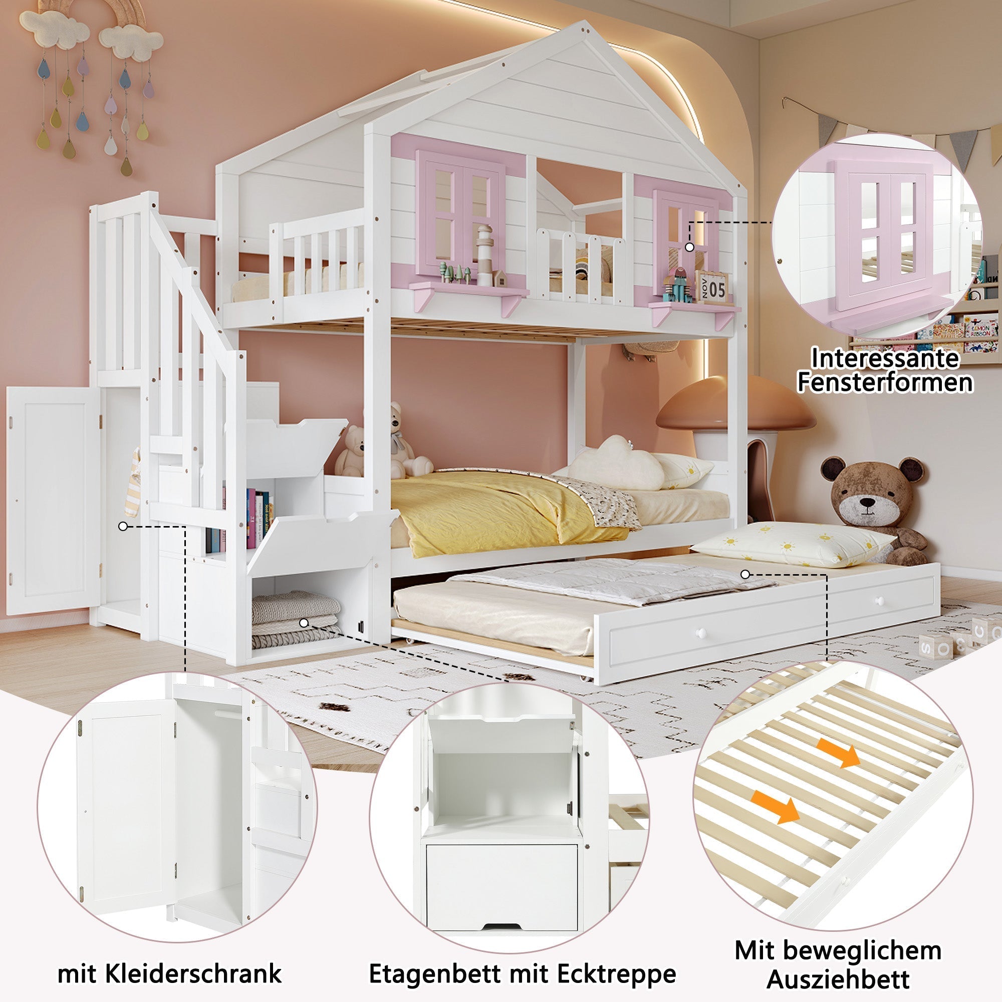 Bunk Bed 90x200cm Trundle Clothes Hanging House Design - White/Pink