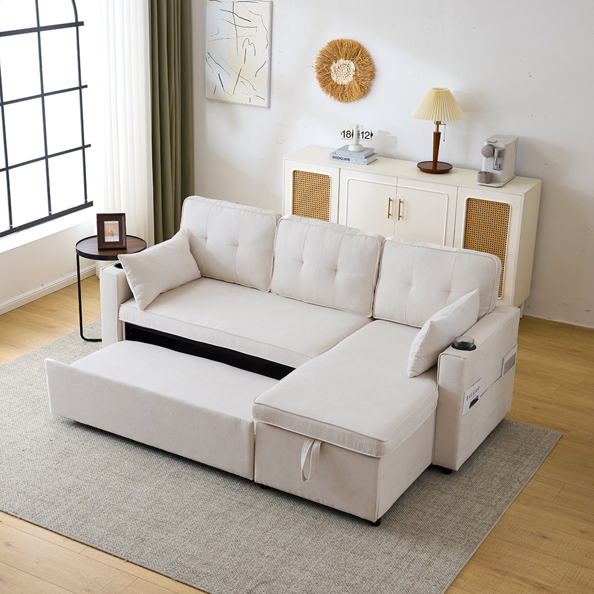 3-in-1 Convertible Sofa Bed with Storage Chaise, L-Shaped Sectional Daybed, Beige