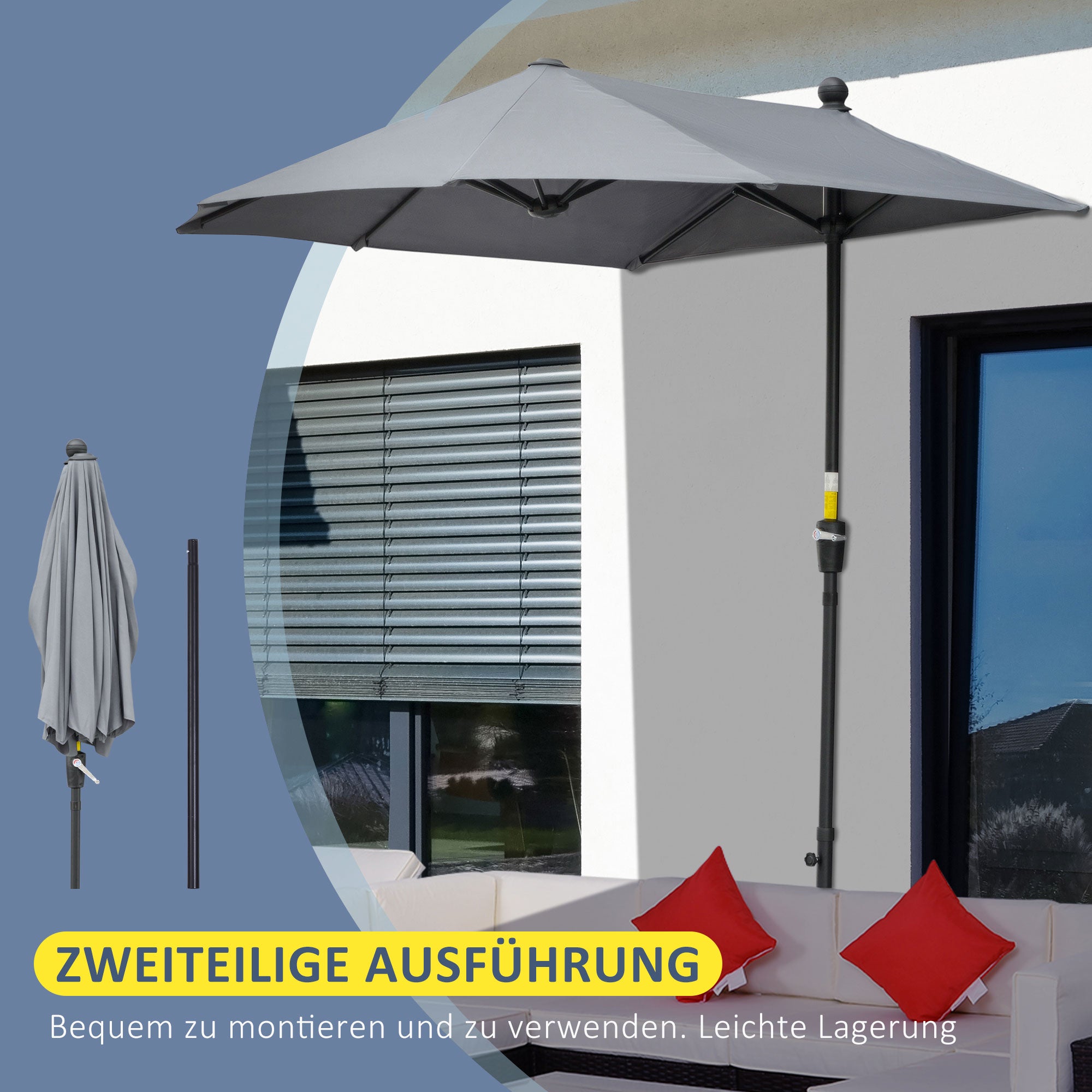 Semi-circular Parasol with Stand, Waterproof 2x2m for Garden/Patio/Balcony, 100% Polyester Dark Grey