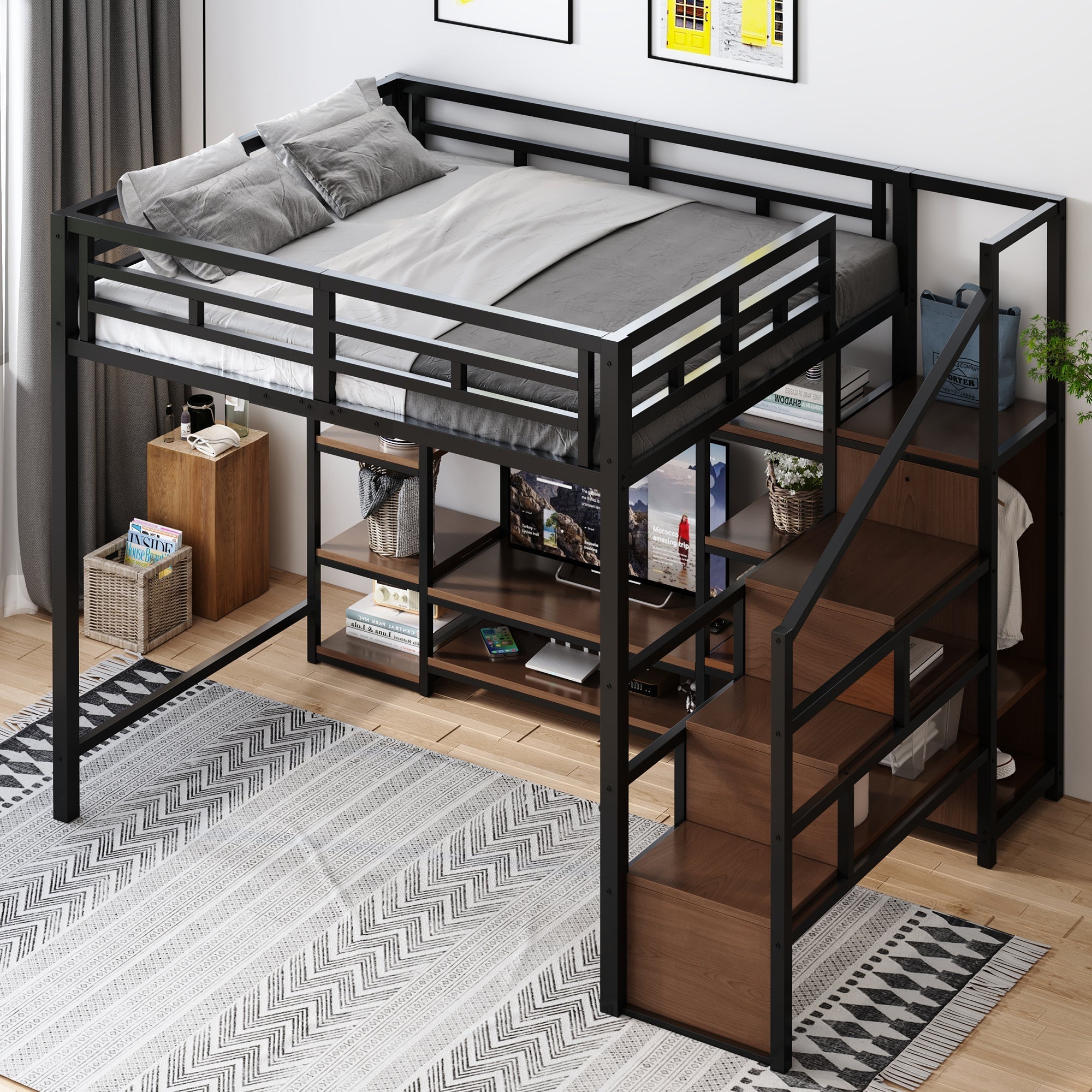 Loft Bed 140x200 TV Stand Power Outlet Safety Ladder, Metal/Wood Black