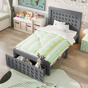 Single Bed, 90x200cm Creative Block Design with Drawers & Storage, Grey Wood