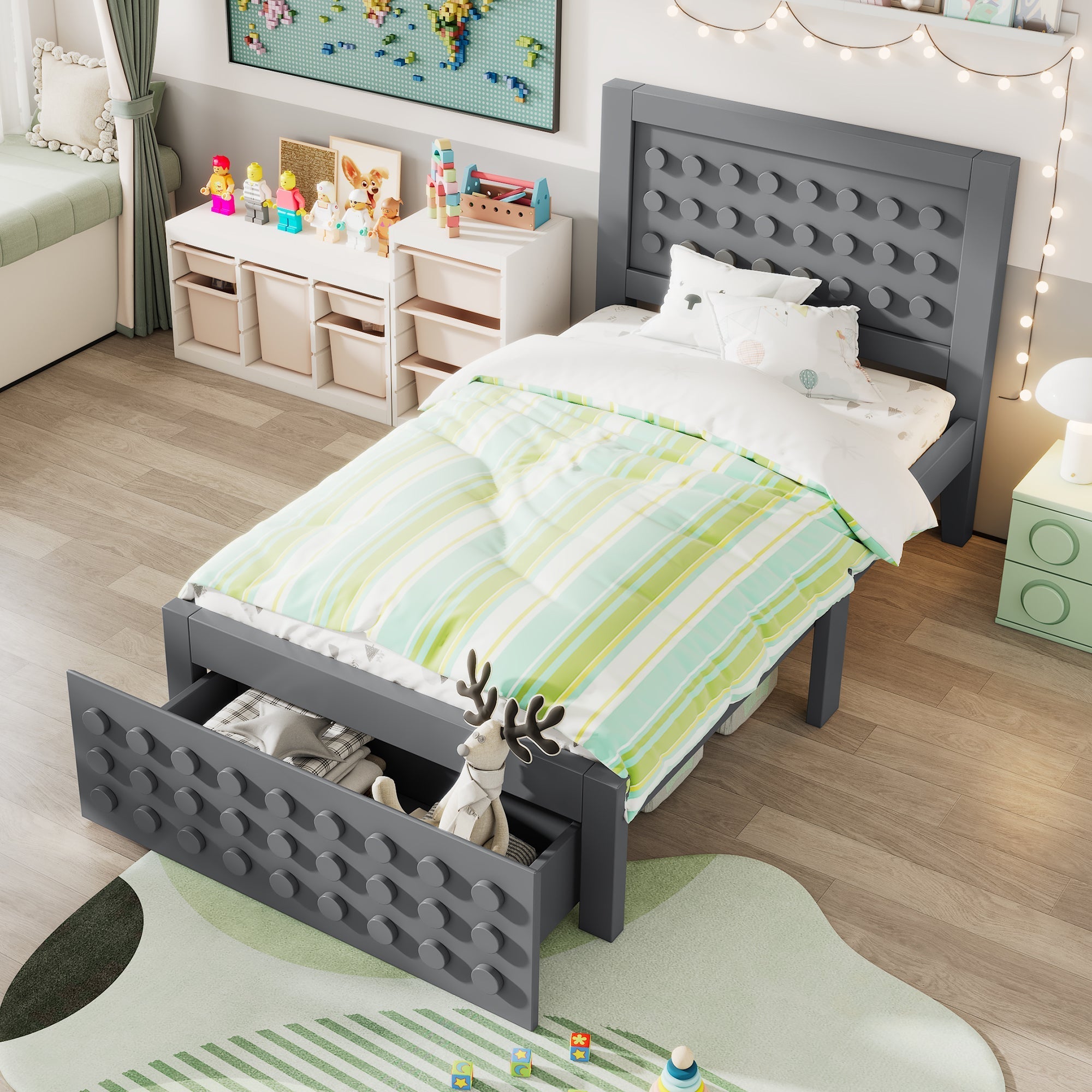 Single Bed, 90x200cm Creative Block Design with Drawers & Storage, Grey Wood