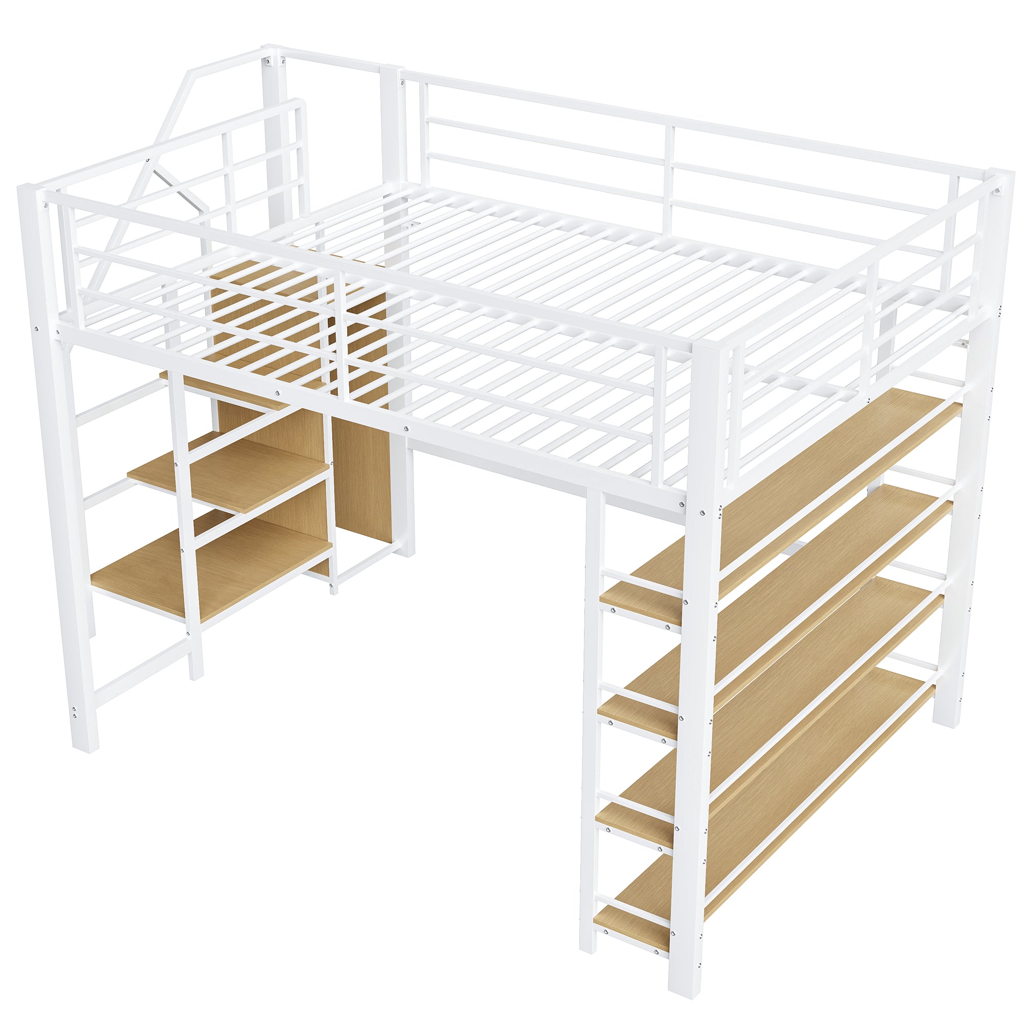 Loft Bed 140x200 with Safety Stairs Storage Wardrobe - White