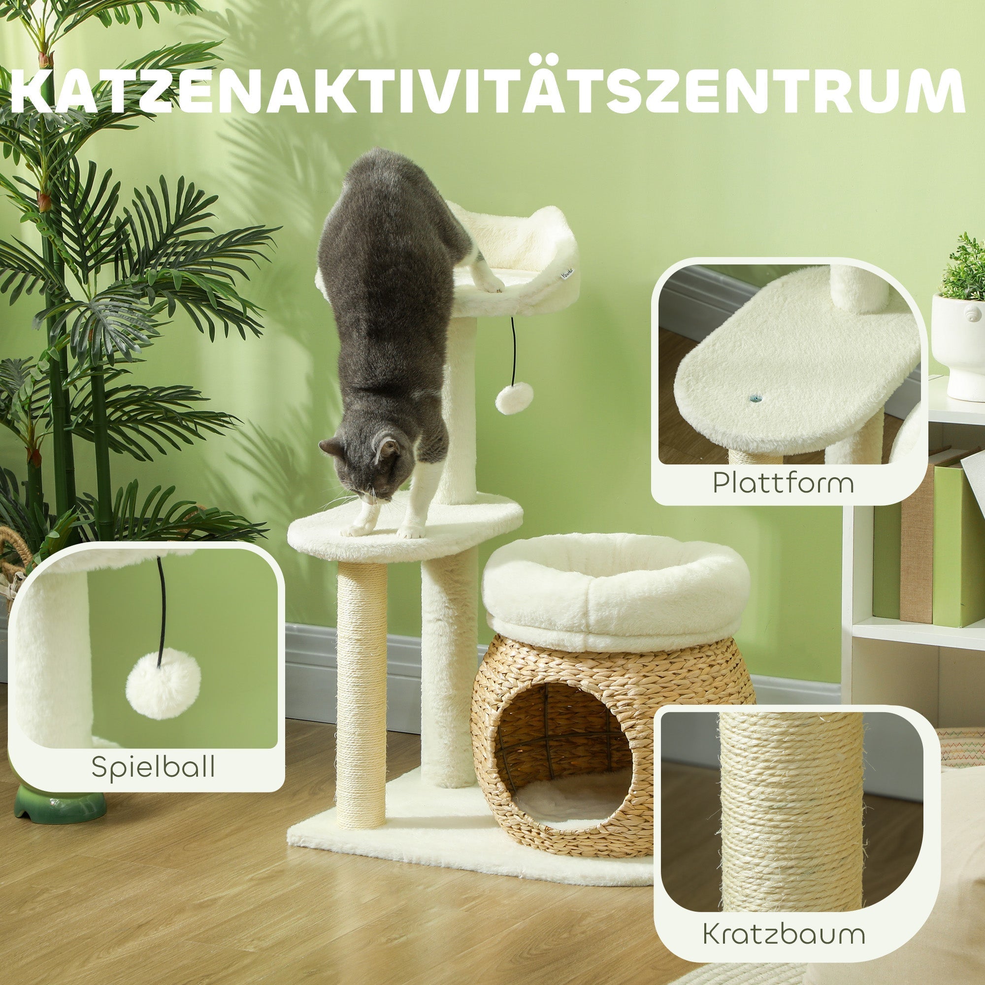 Cat Tree 79 cm, Cat Cave, Bed, Play Balls, Sisal, Cream White