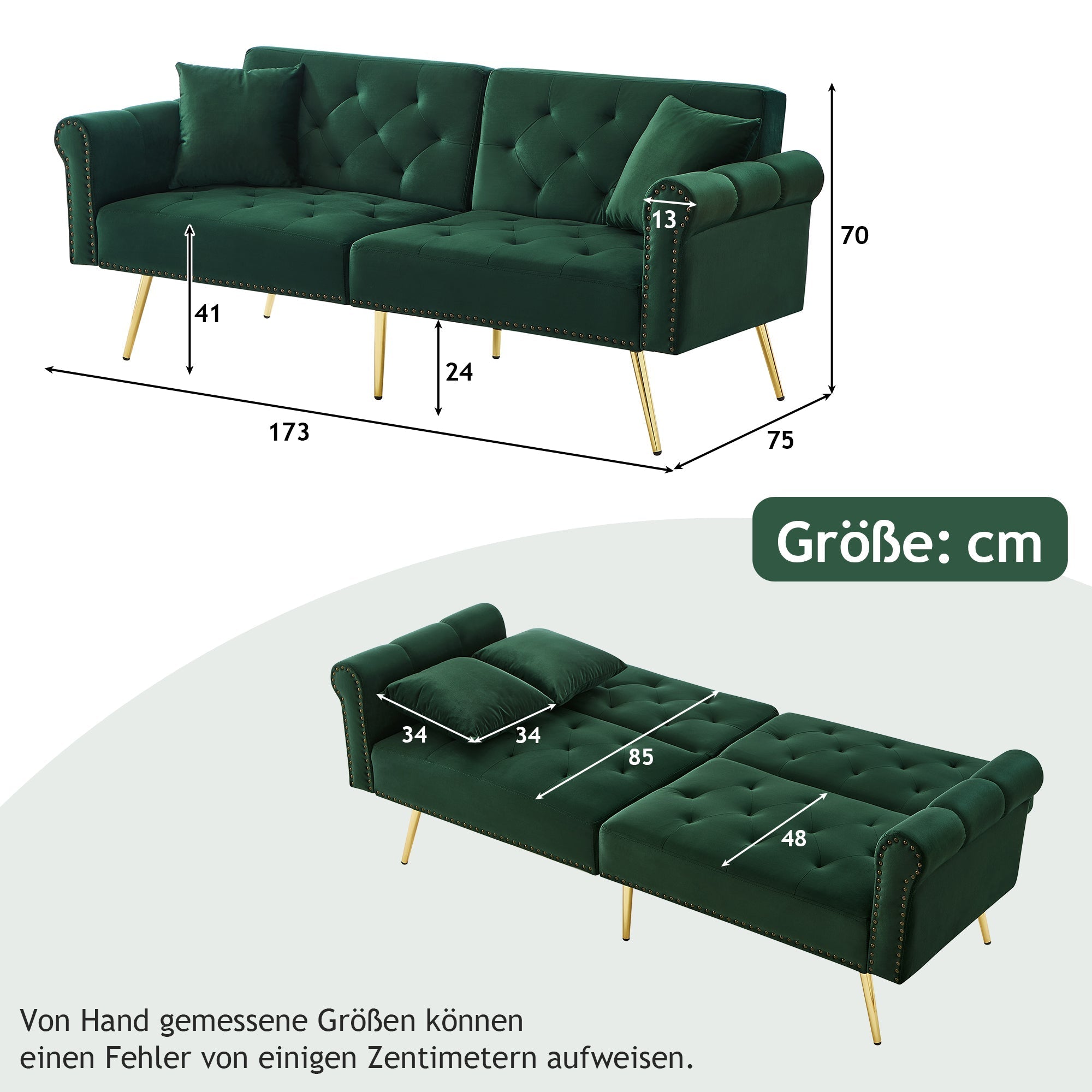 Sofa Bed, 2-Seater Adjustable Backrest Space-Saving, Velvet