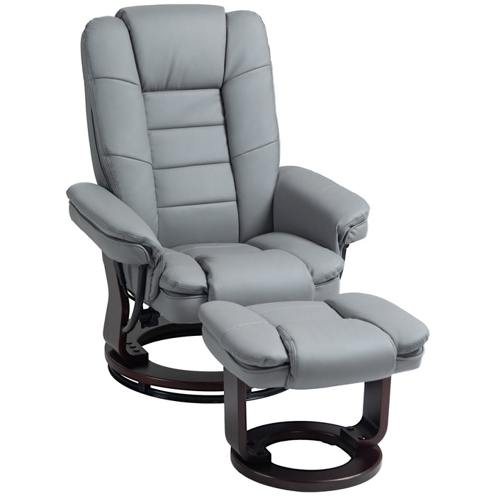 Reclining Armchair with Footstool, 360° Swivel Lounge Chair, Faux Leather Grey