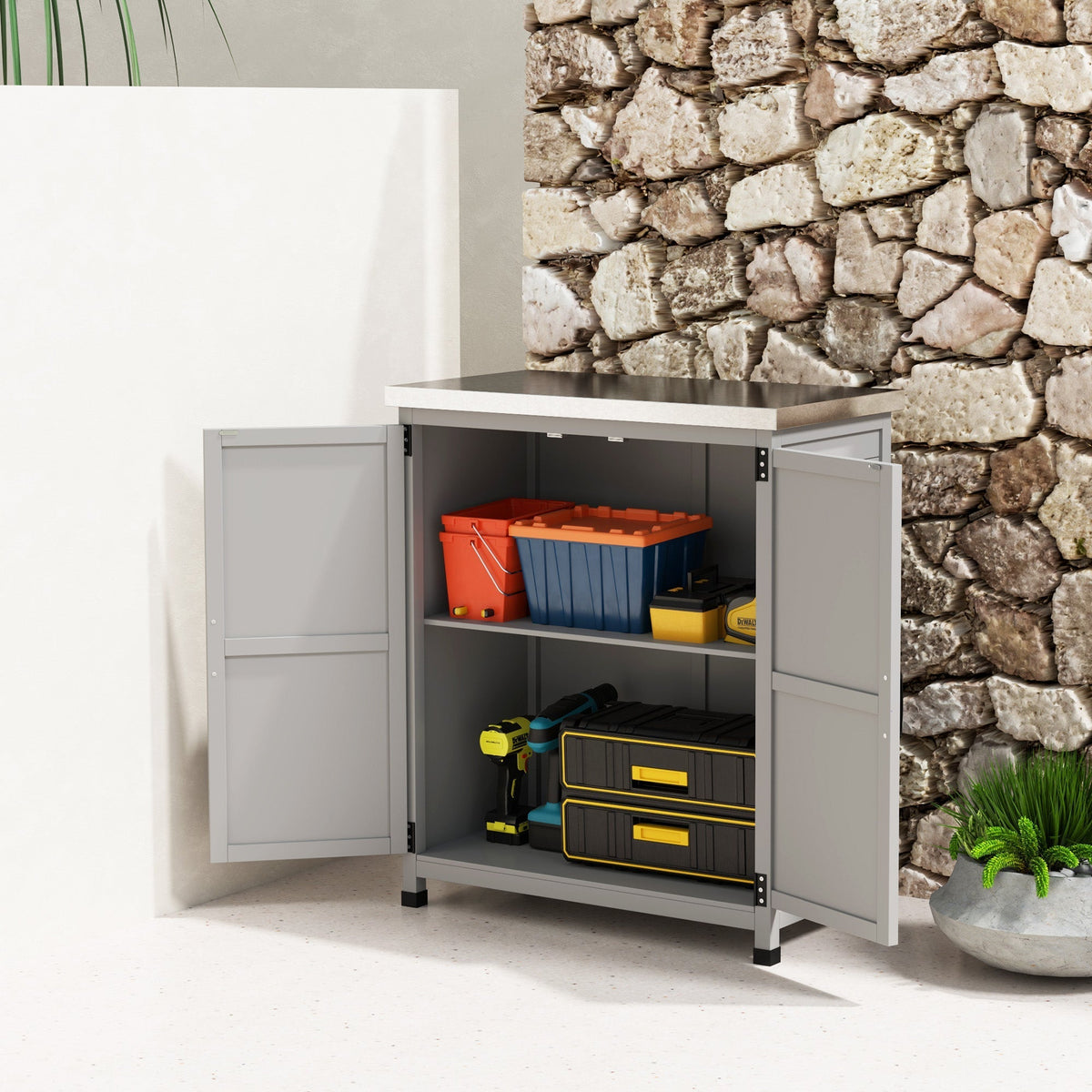 Wooden Garden Shed Outdoor Storage Cabinet with Worktop, Double Doors, Shelf, Grey