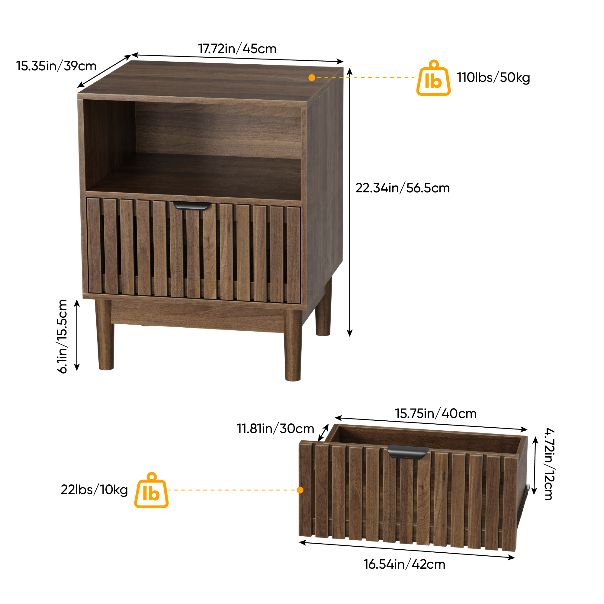 Modern Nightstand with Slatted Base and Drawer, 45x39x56.5cm, Walnut Wood Color