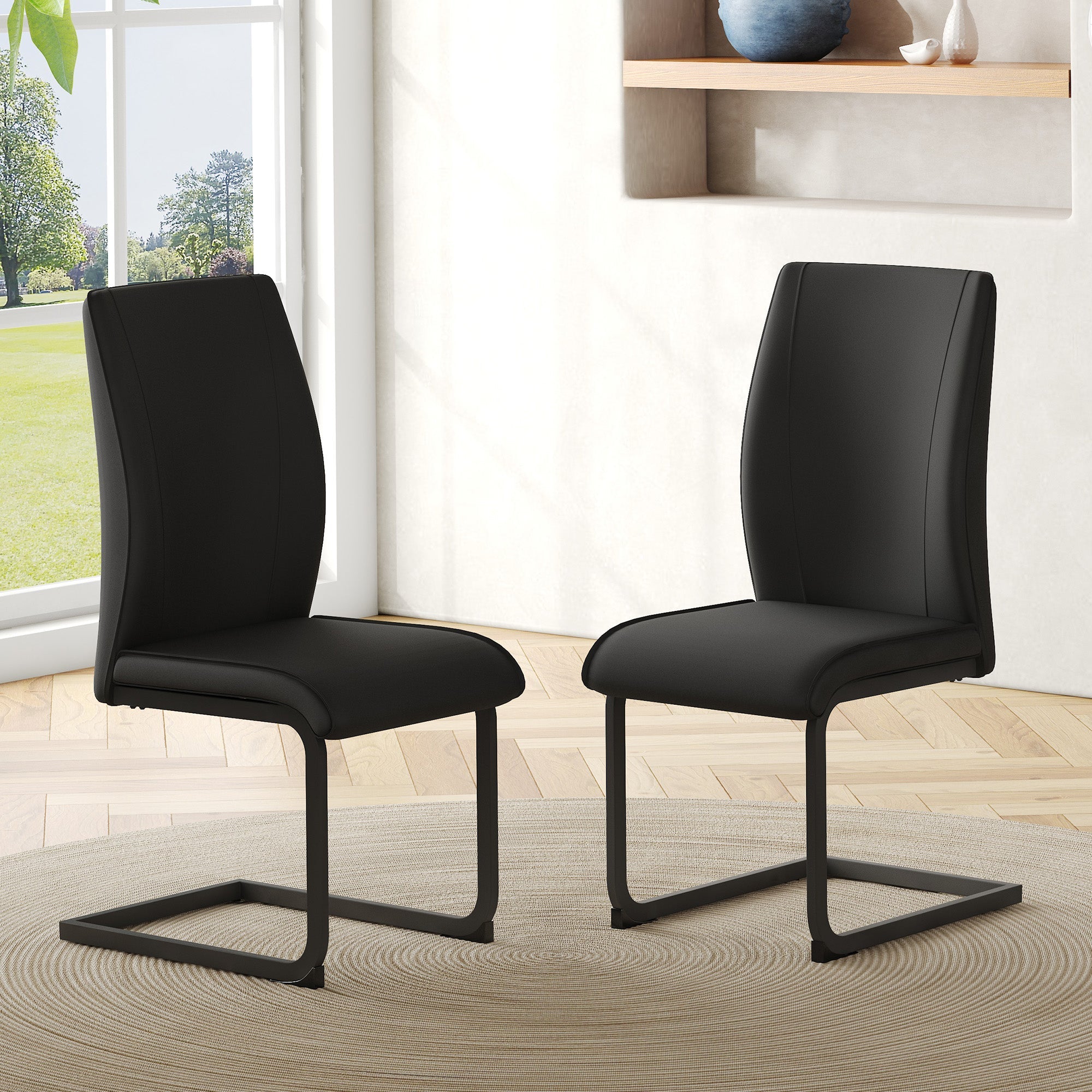 2-Piece Dining Chair Set Ergonomic Metal Legs - Black PU