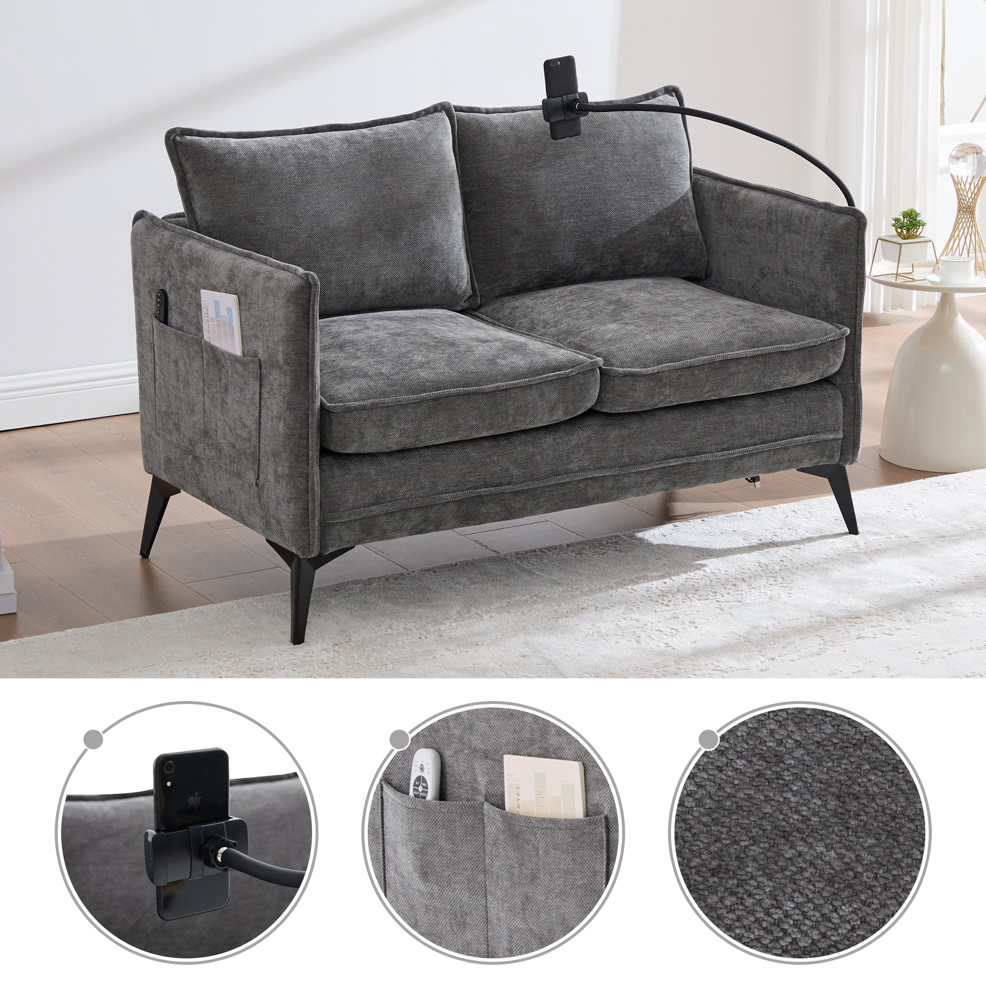 Modern Double Sofa, Small Fabric Armchair with Storage Side Pocket & Adjustable Phone Holder, Fabric
