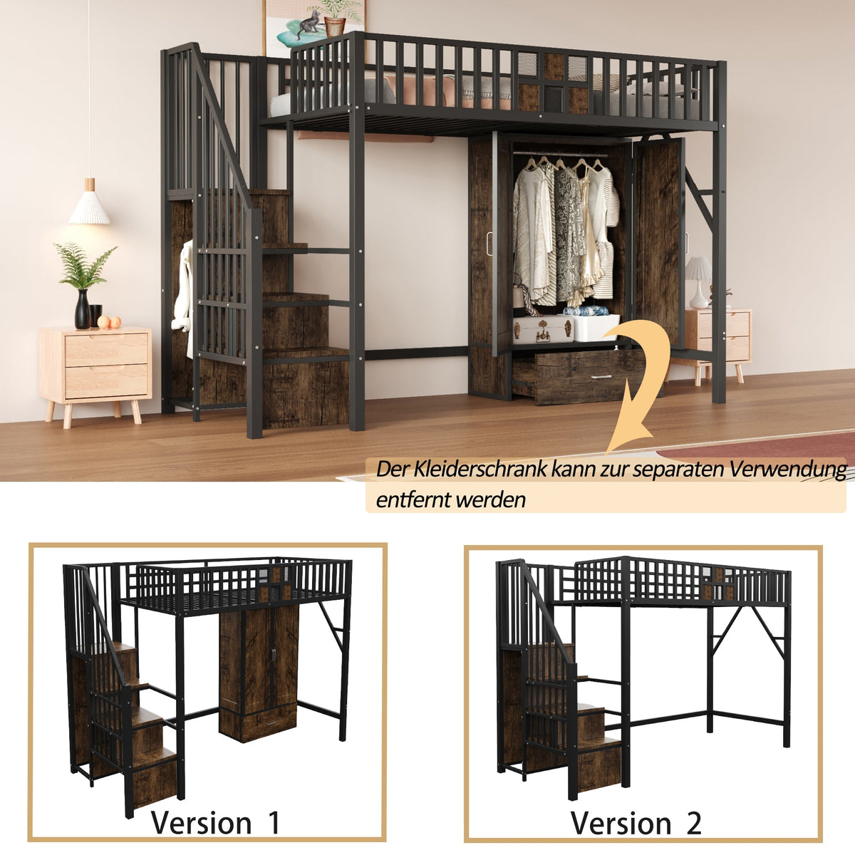 Metal Loft Bed 90x200cm Wardrobe Drawers Storage Ladder - Black