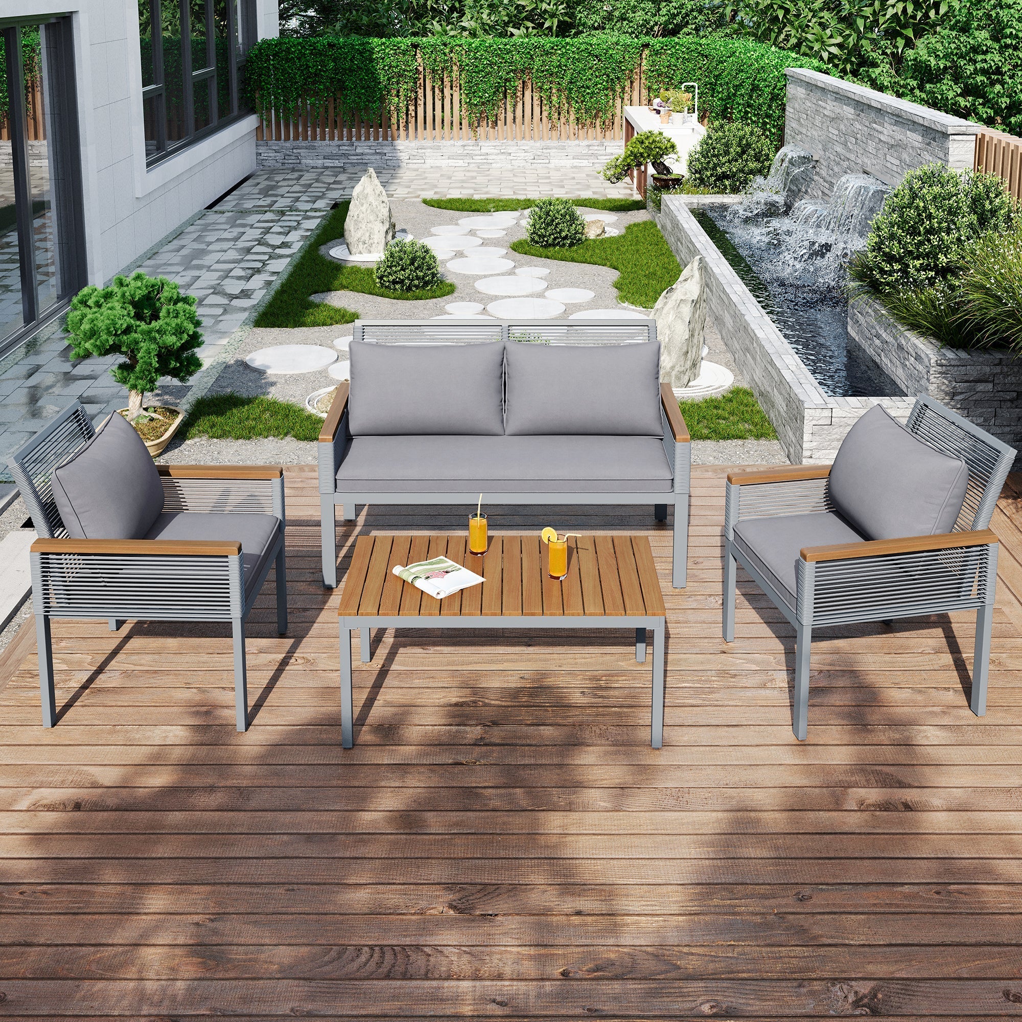 Garden Lounge Set with Comfortable Cushions, Double Sofa, 2 Armchairs and Table, Rattan, Grey