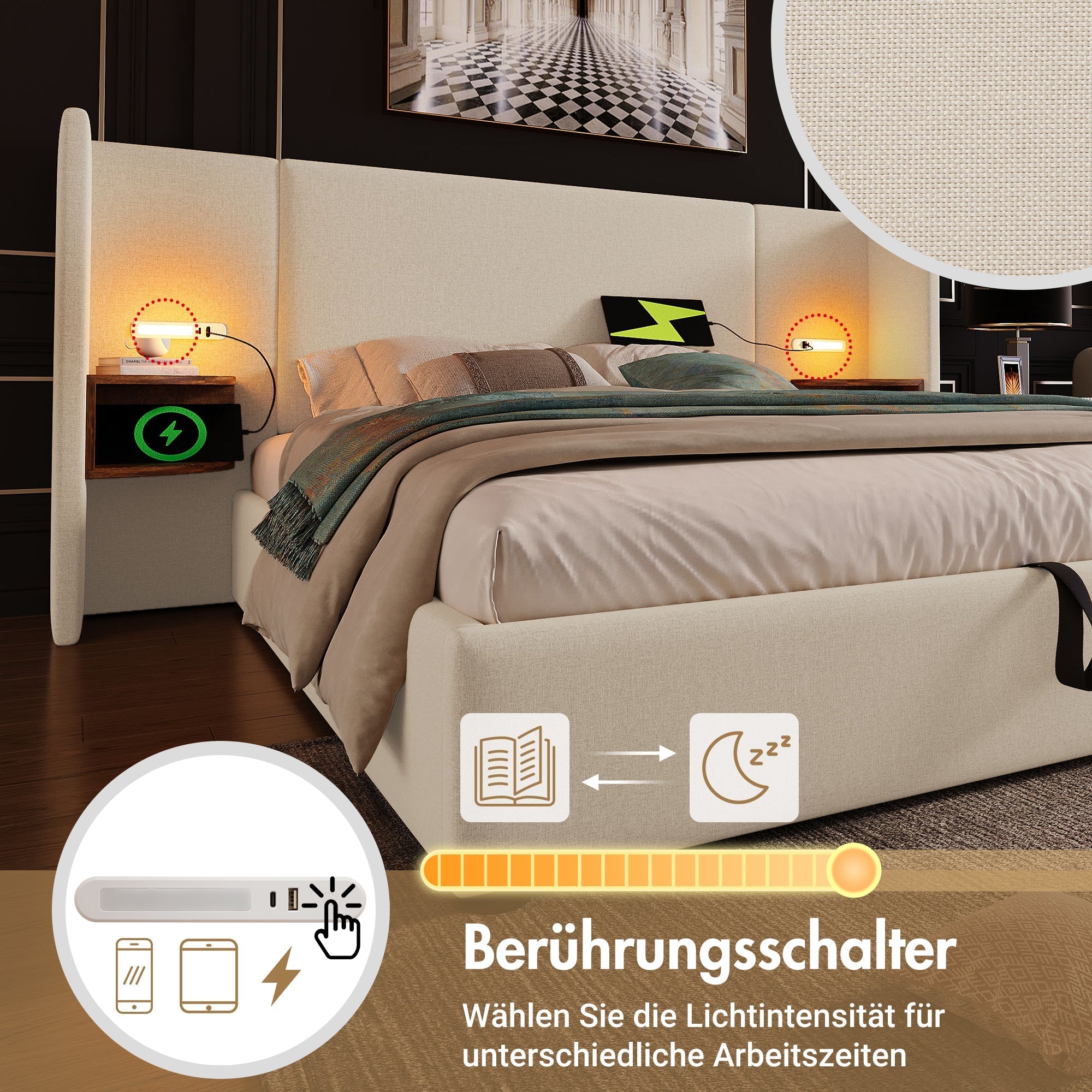 Upholstered Double Bed 180x200 with Bedside Table, Reading Lamp, USB-C Charging, Beige Linen