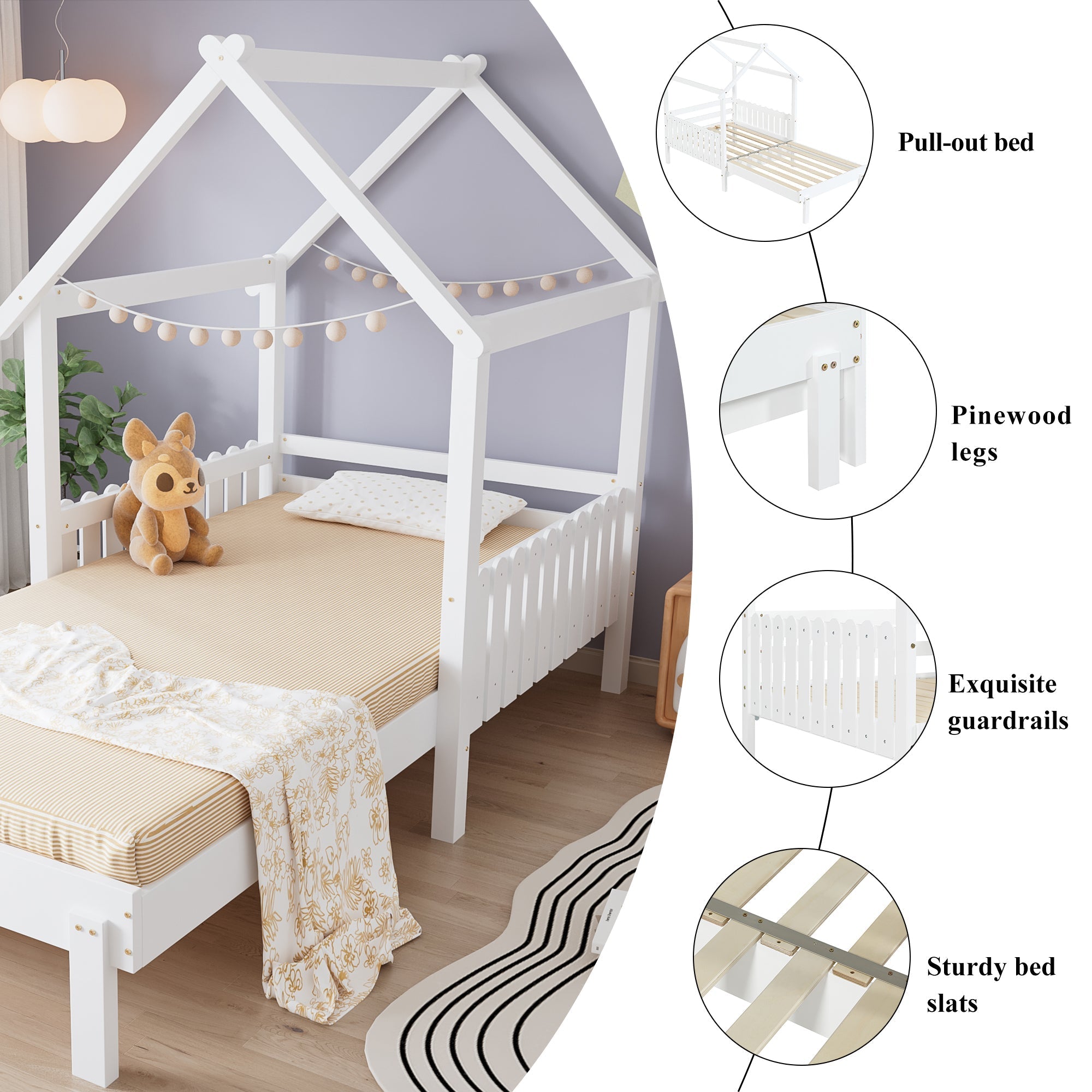 Wooden Bed with Pull-out and Safety Guardrails, 3ft Single, White MDF/Pine
