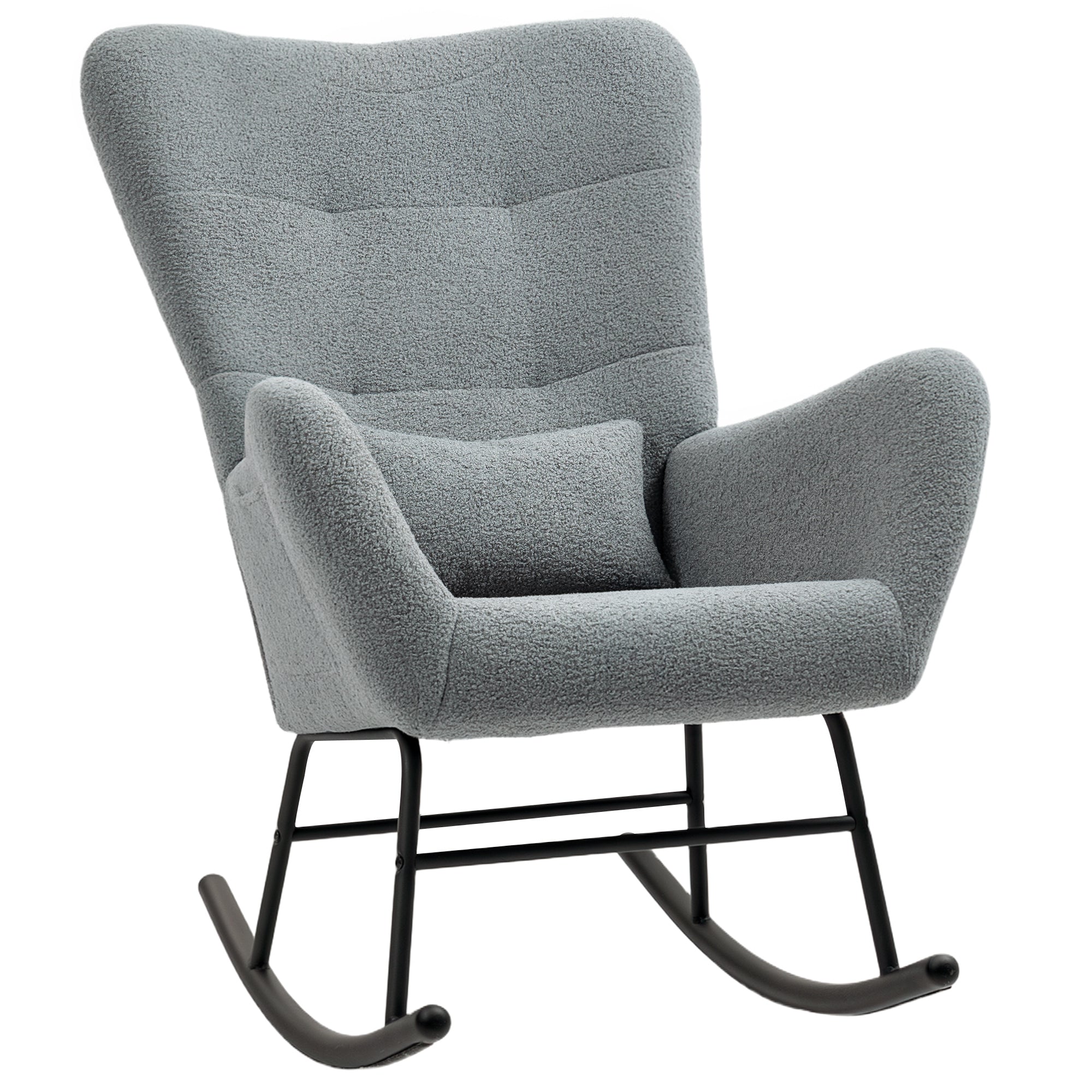 Rocking Chair, Teddy Fabric, Wooden Base, Gray