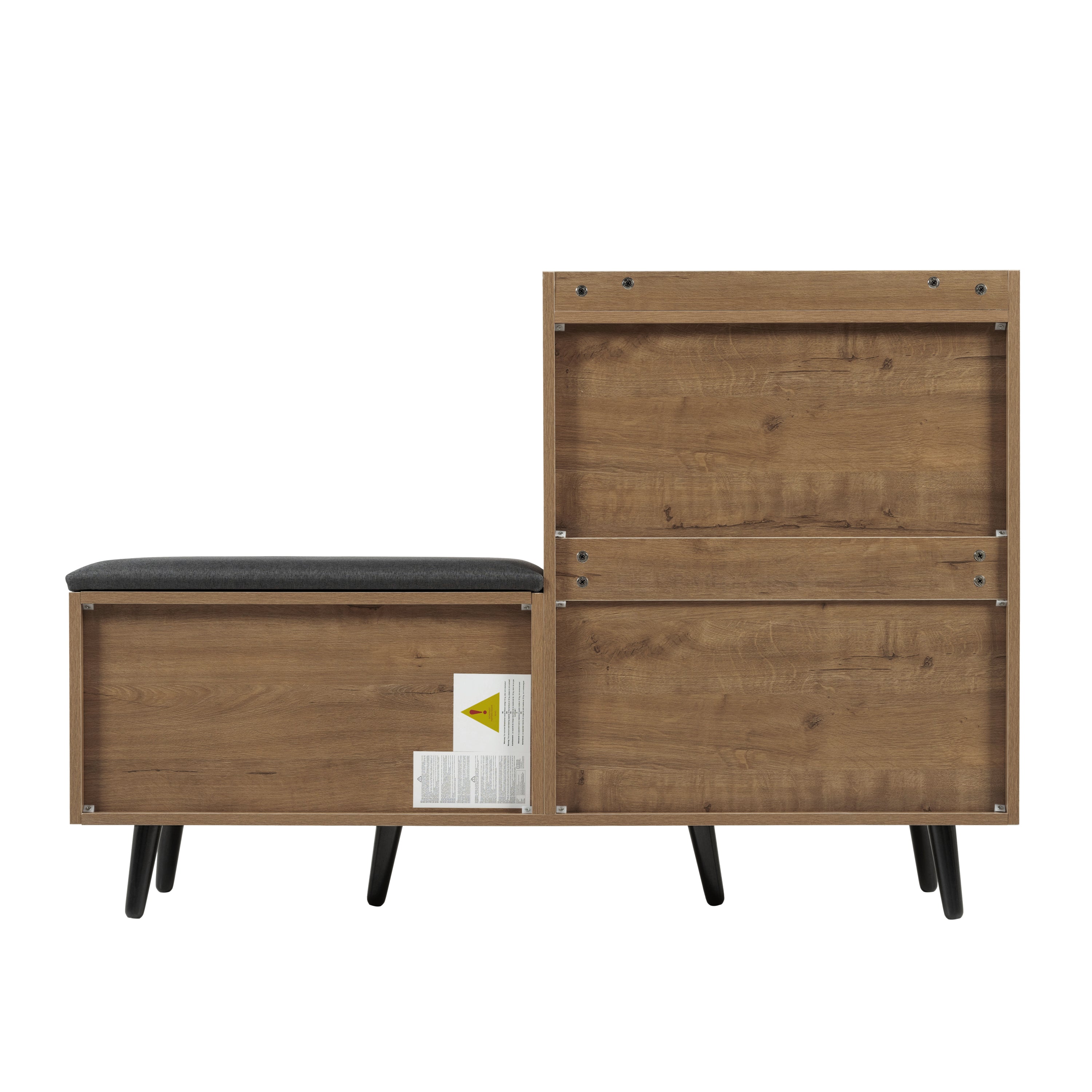 Modern shoe bench with wood grain, shoe cabinet, four storage doors, asymmetrical metal handles