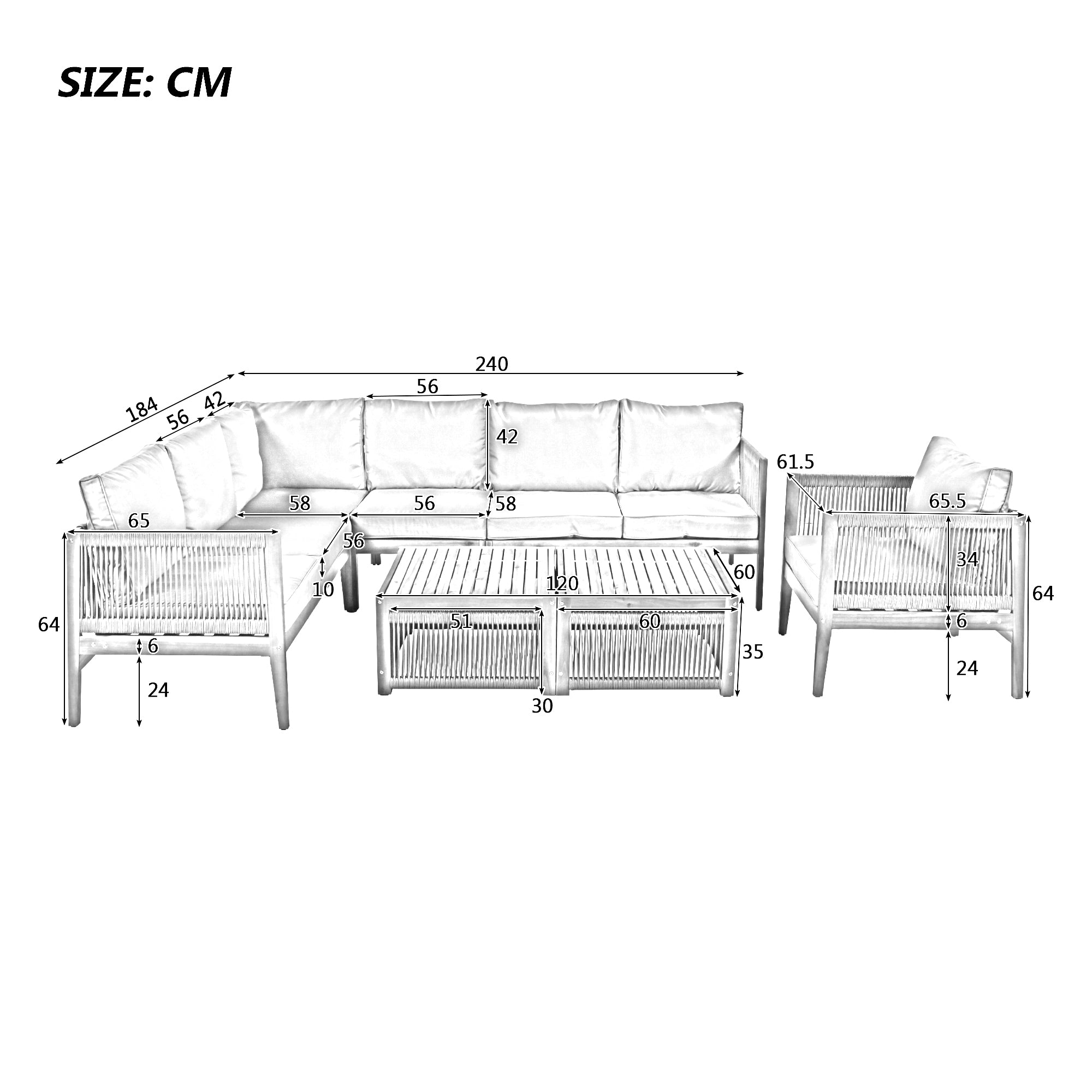 Garden Lounge Set, 7-8 Person Outdoor Sectional Sofa and Table with Washable Cushions, Natural and Beige