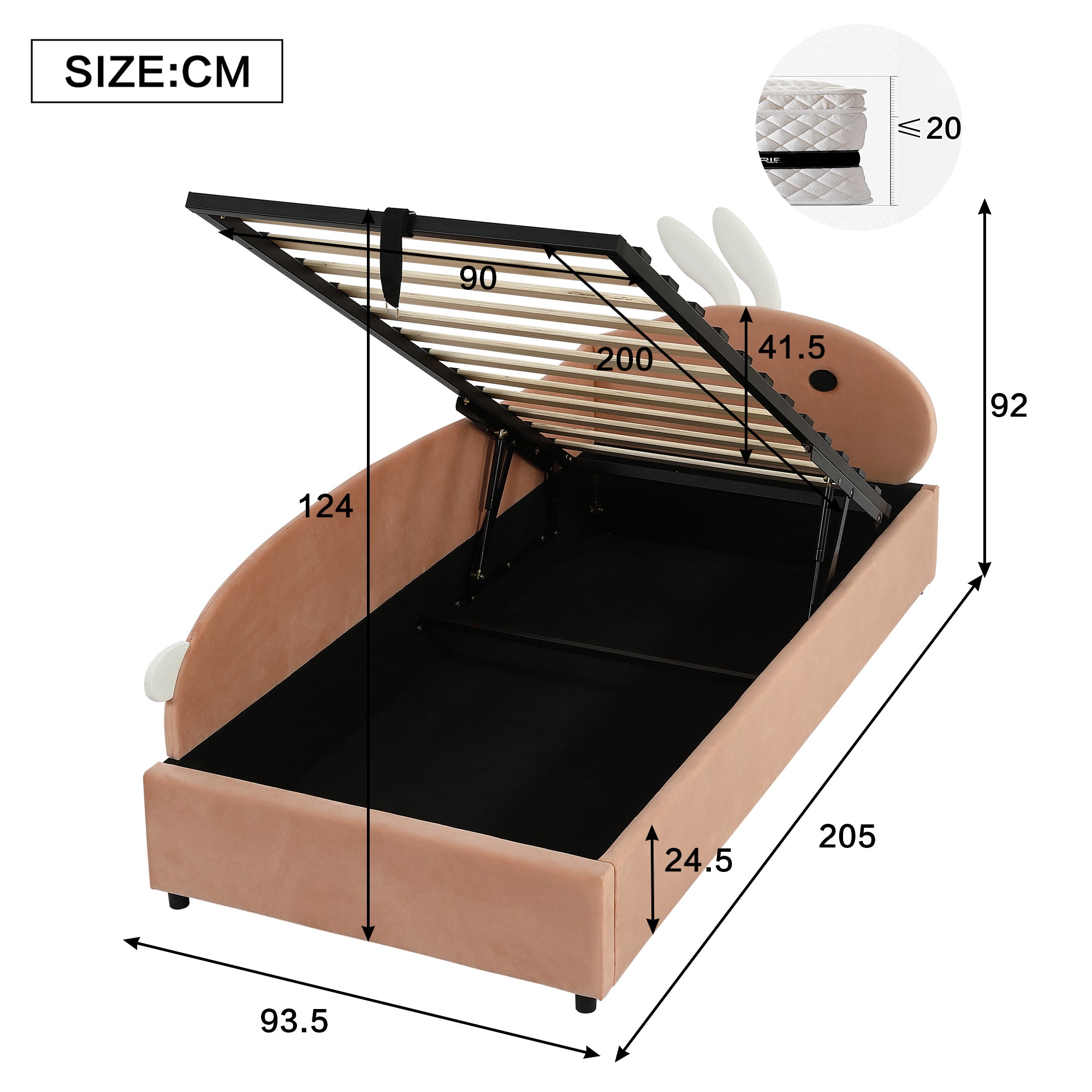 Upholstered Bed, Single Children's Hydraulic with Bunny Headboard, Velvet Pink+White