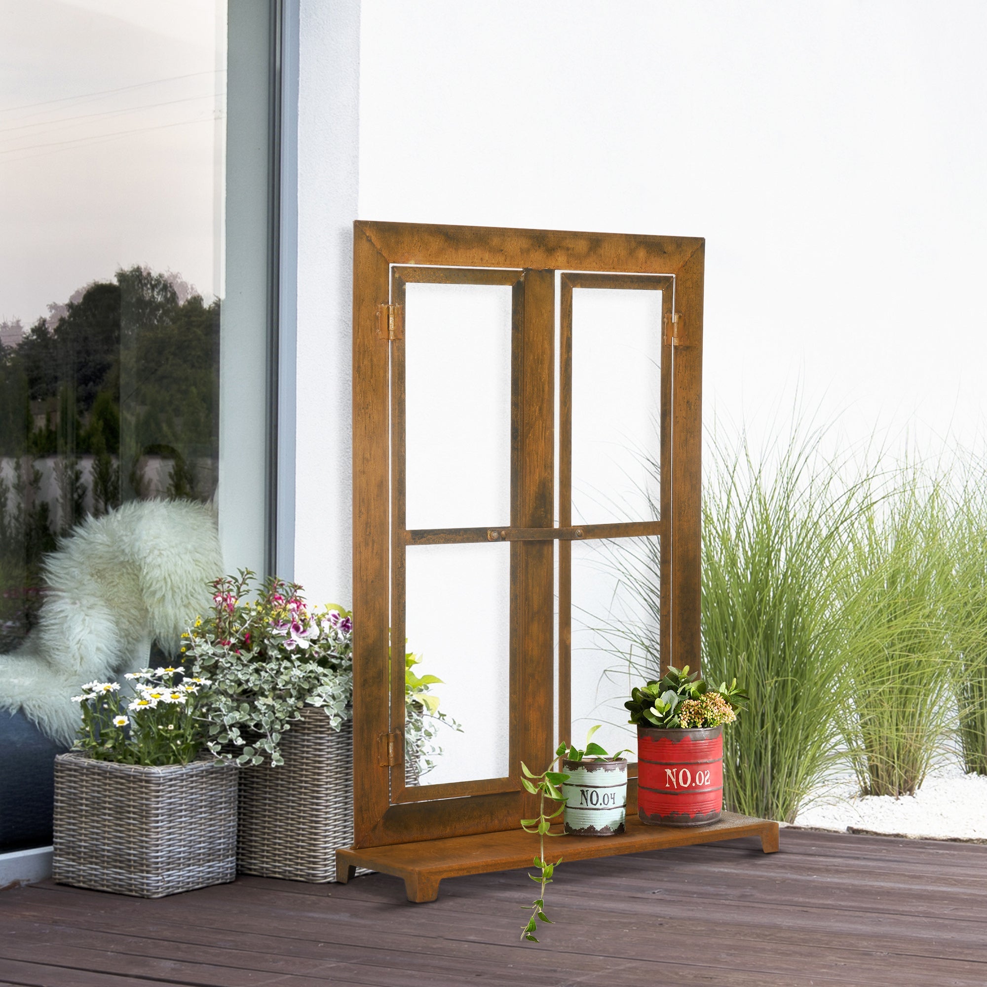 Iron Window Casement with Sill & Latch 55x80cm, Weathered Steel Rustic Brown