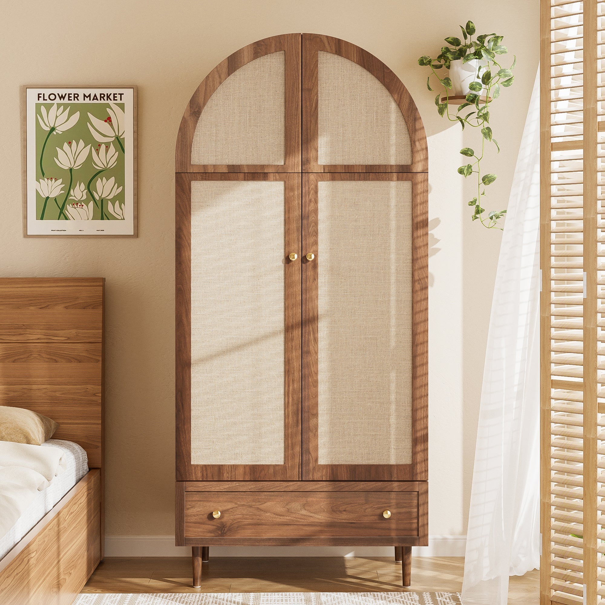 Wardrobe with Drawers Linen Fabric Wooden Doors