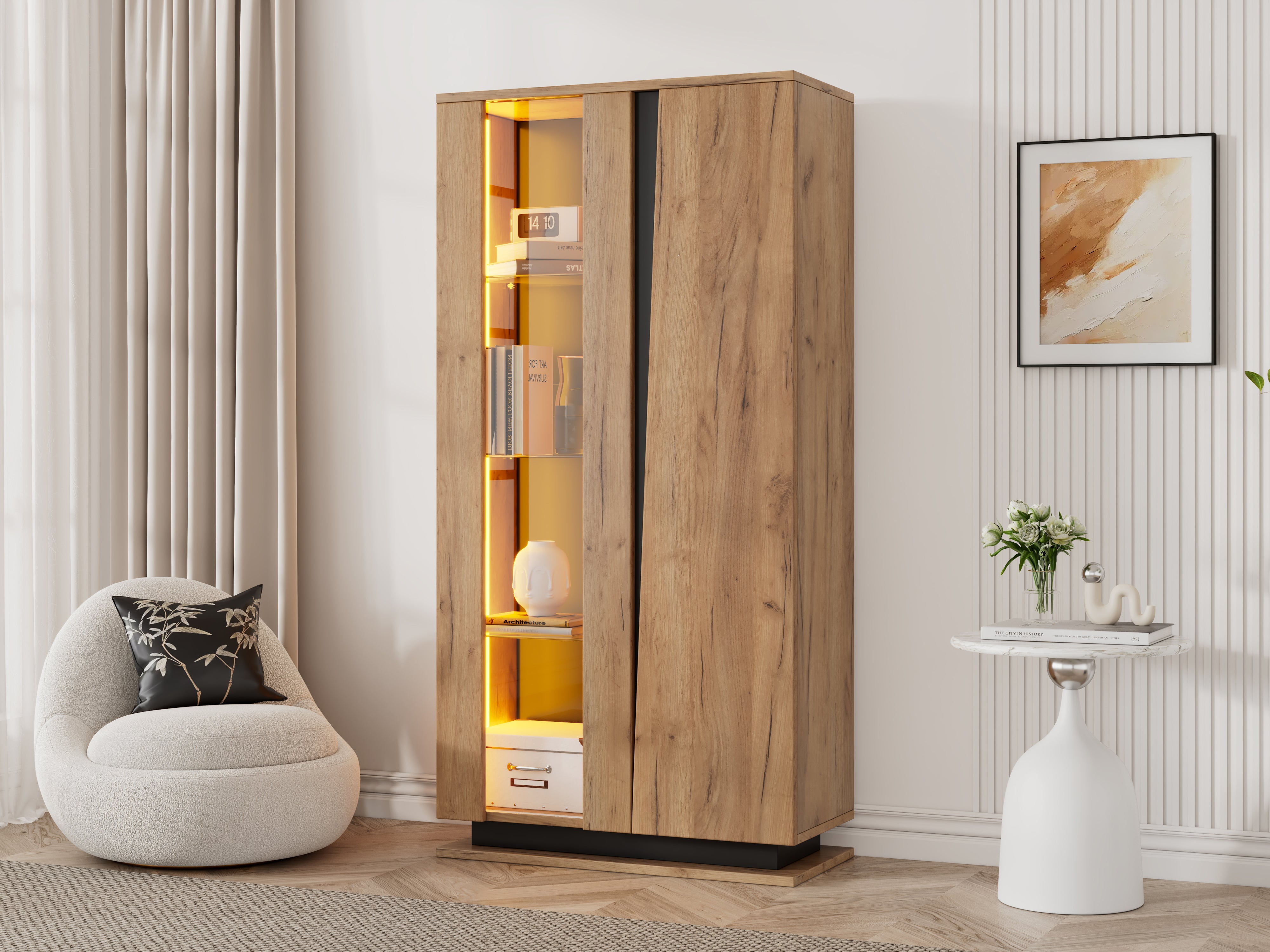 Display Cabinet 80x35x160cm 8 Shelves Glass Dividers Narrow Freestanding Acrylic Wood Color
