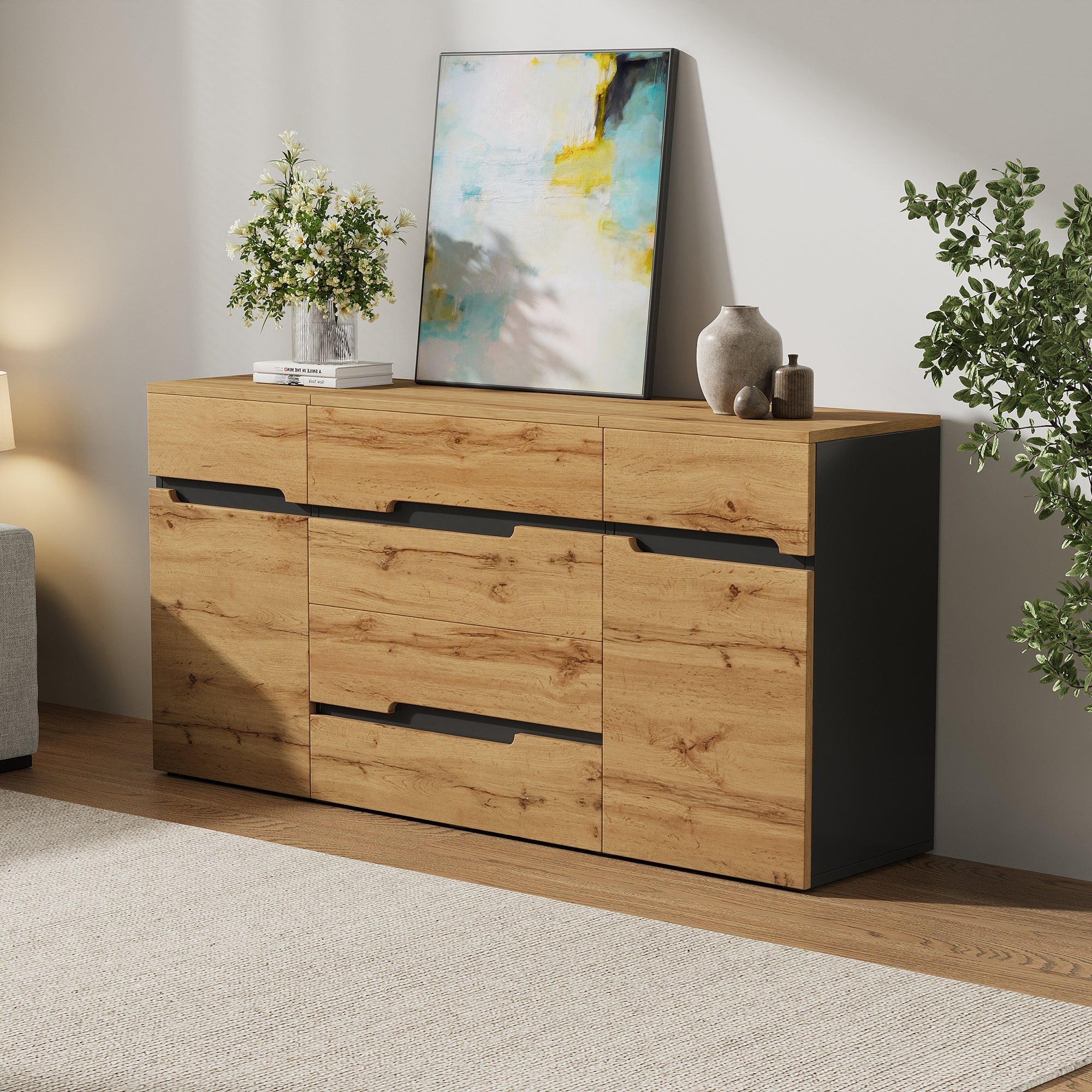 Sideboard Cabinet with 2 Doors, 4 Drawers, Handleless, Wood Color + Black