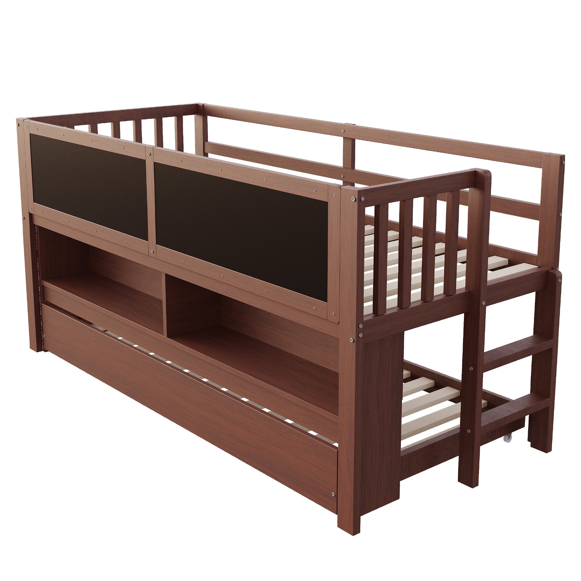 Extendable House Bed 90x200cm with Chalkboard, Storage & Climbing Ladder - Solid Wood Brown