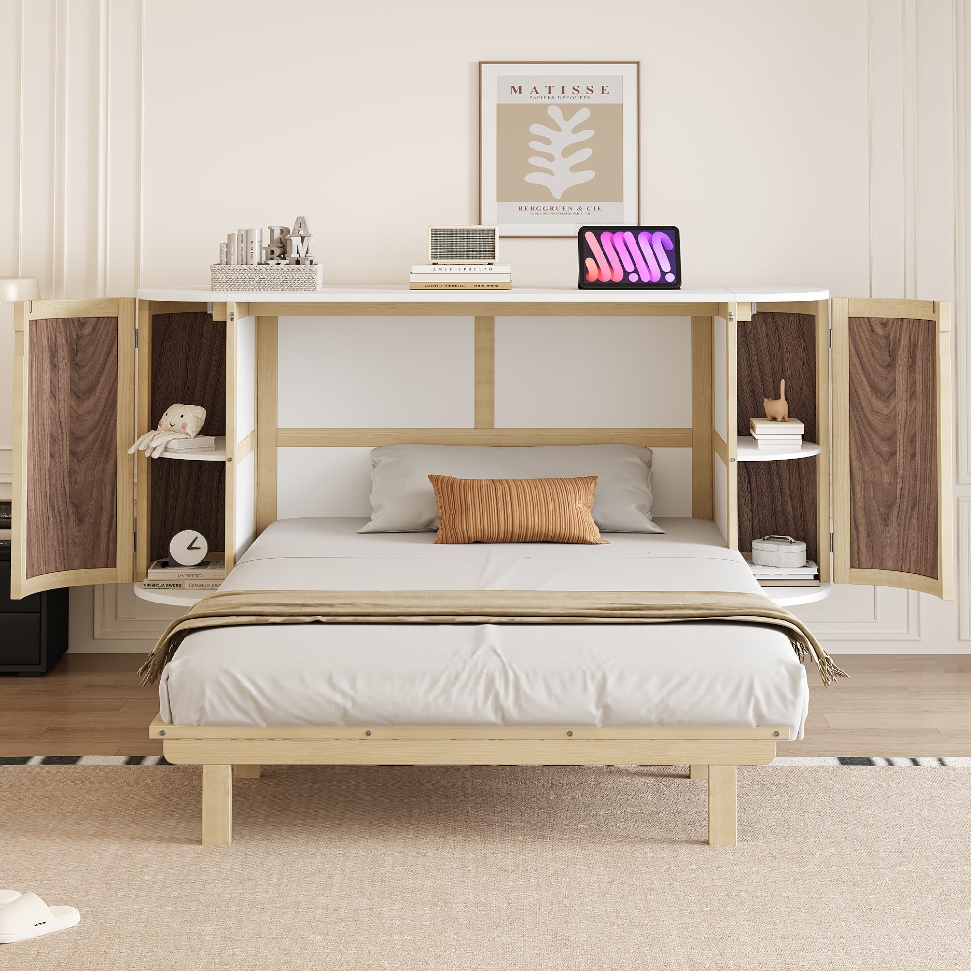 Wall Bed 140x200cm Vertical Folding Rattan Design Storage - Wood Color