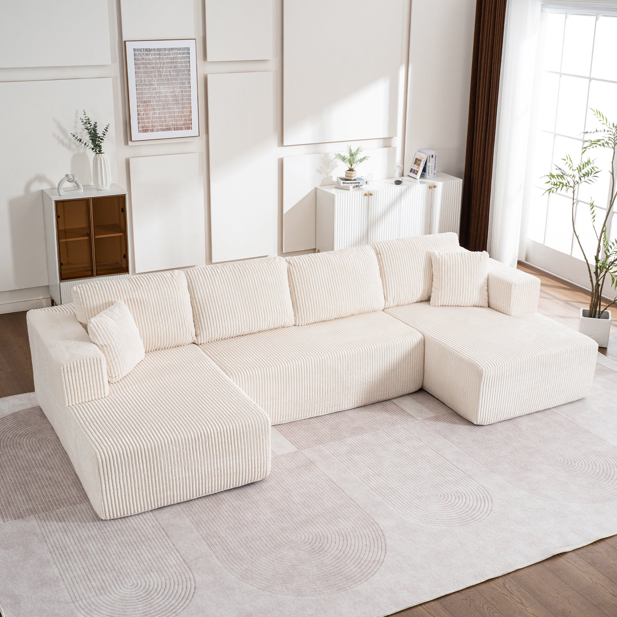 Modern U-Type Leisure Sofa with Modular Non-Assemble Design and Lounge Chairs, Lamp Fabric