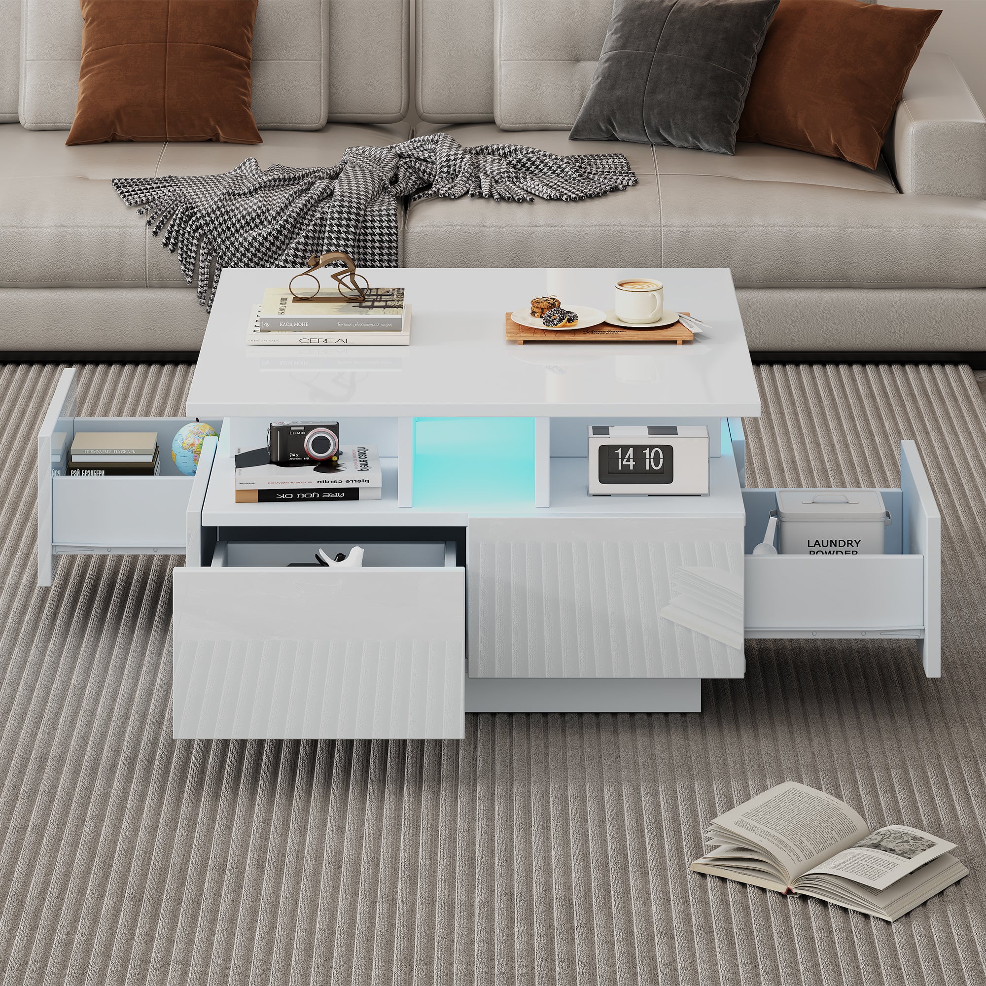 Coffee Table 70x70x40cm High-Gloss LED Light 4 Drawers Geometric Design, White