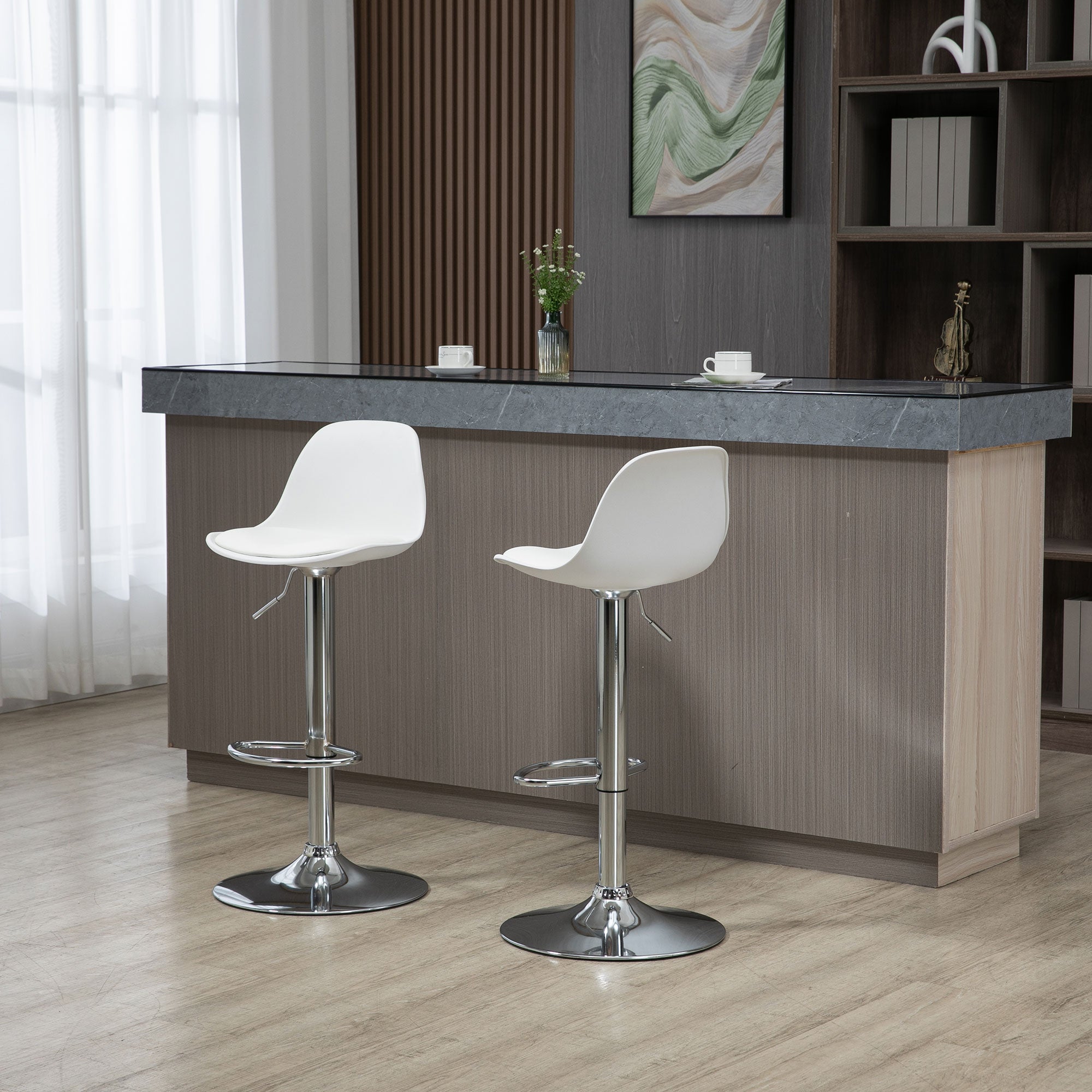 Bar Stools, Set of 2, Swivel, Height-Adjustable, White Faux Leather and Steel