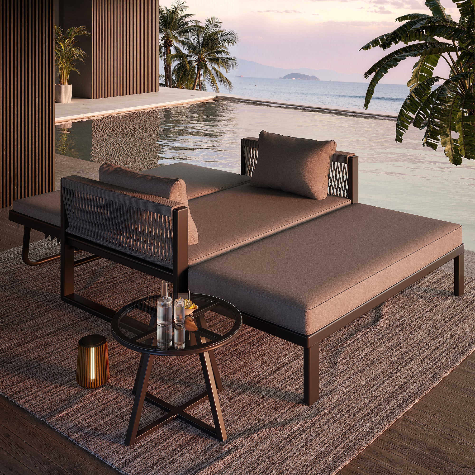Garden Lounger with Woven Iron Armrests and Glass Coffee Table, Grey